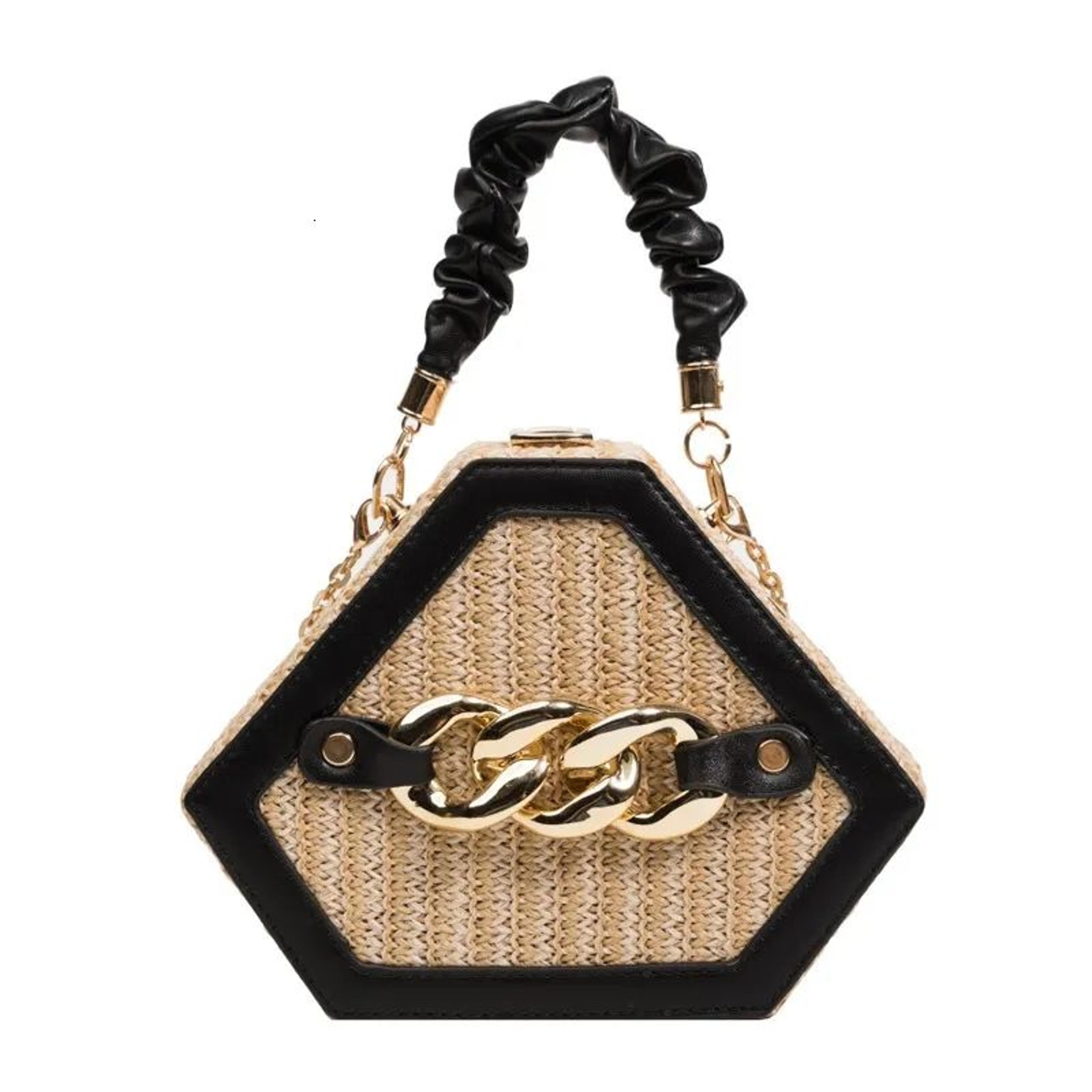 women diamond-shaped hard shell handbag with woven texture and gold-tone hardware