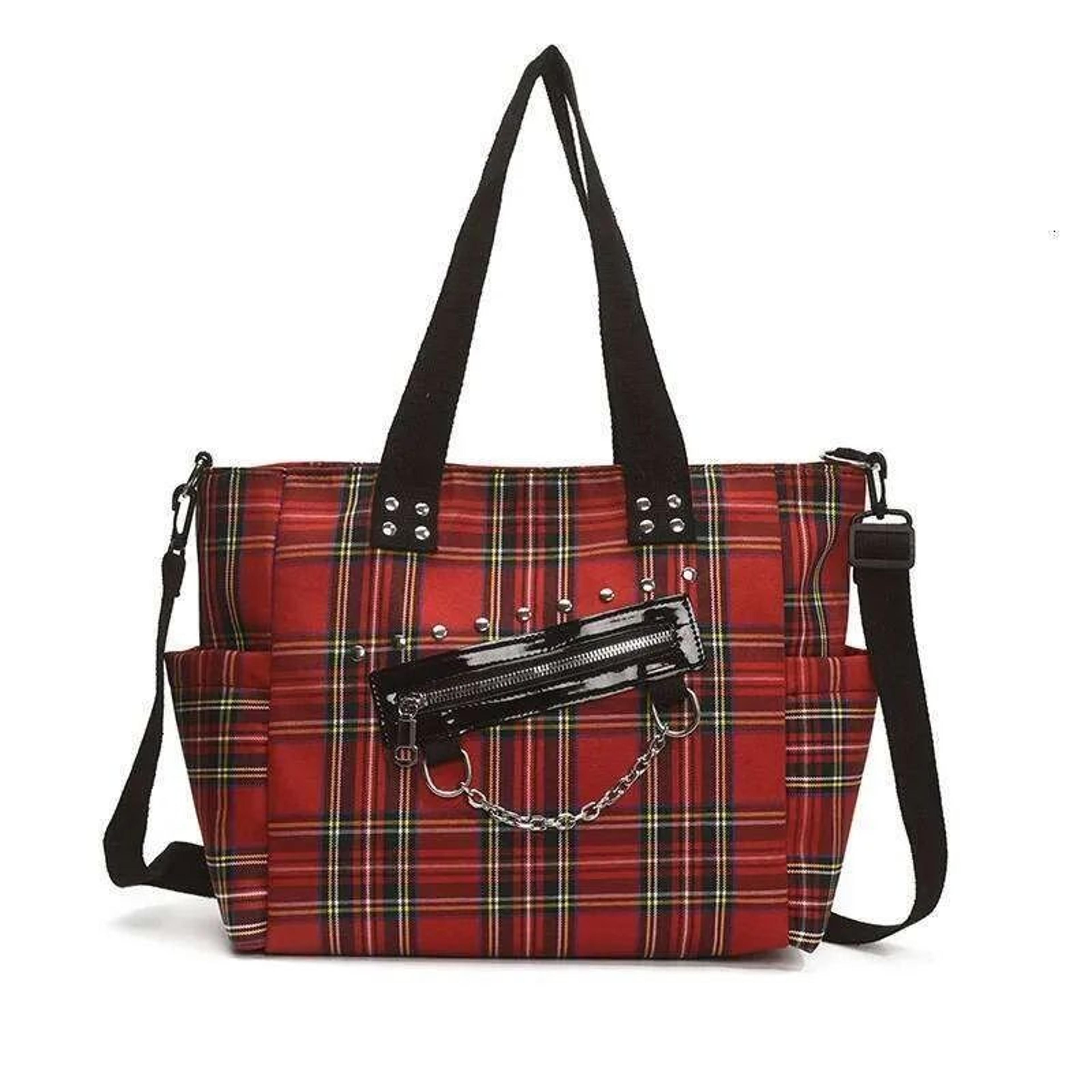 women large capacity striped grid punk style shoulder tote bag