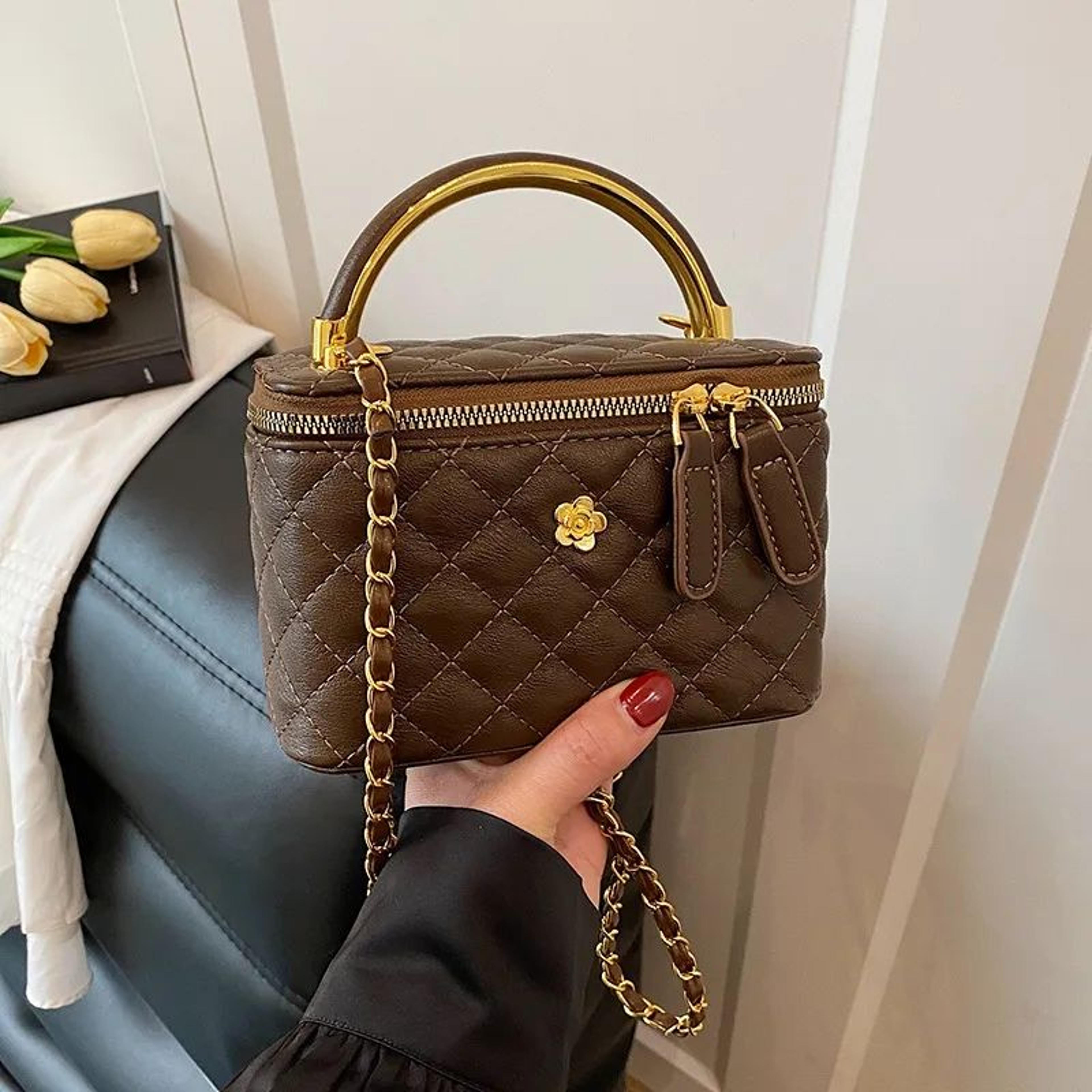 Quilted Floral Crossbody Bag With Gold Chain Strap And Metal Flower Accents 3