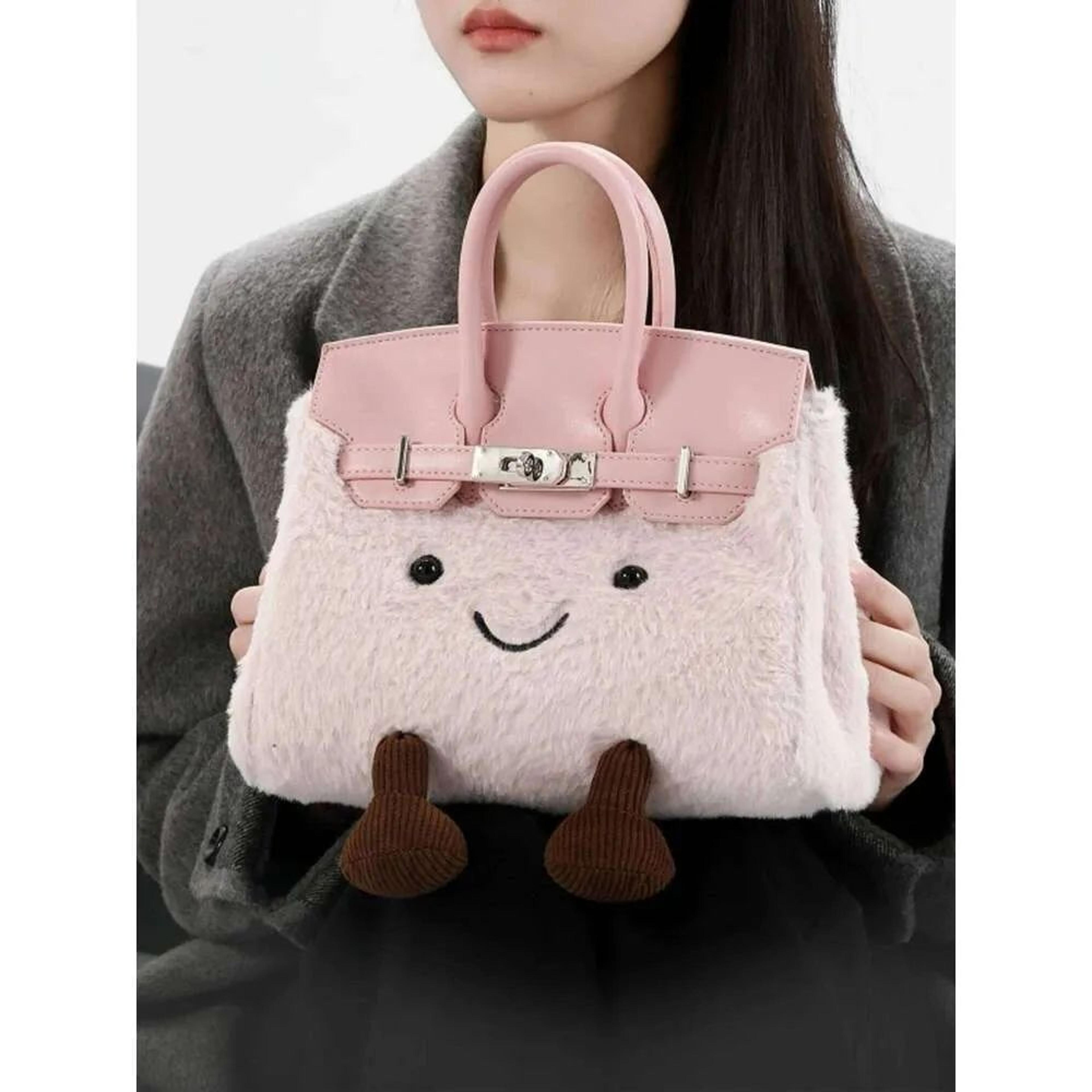 cute cartoon face plush mini handbag with faux fur exterior and top handles