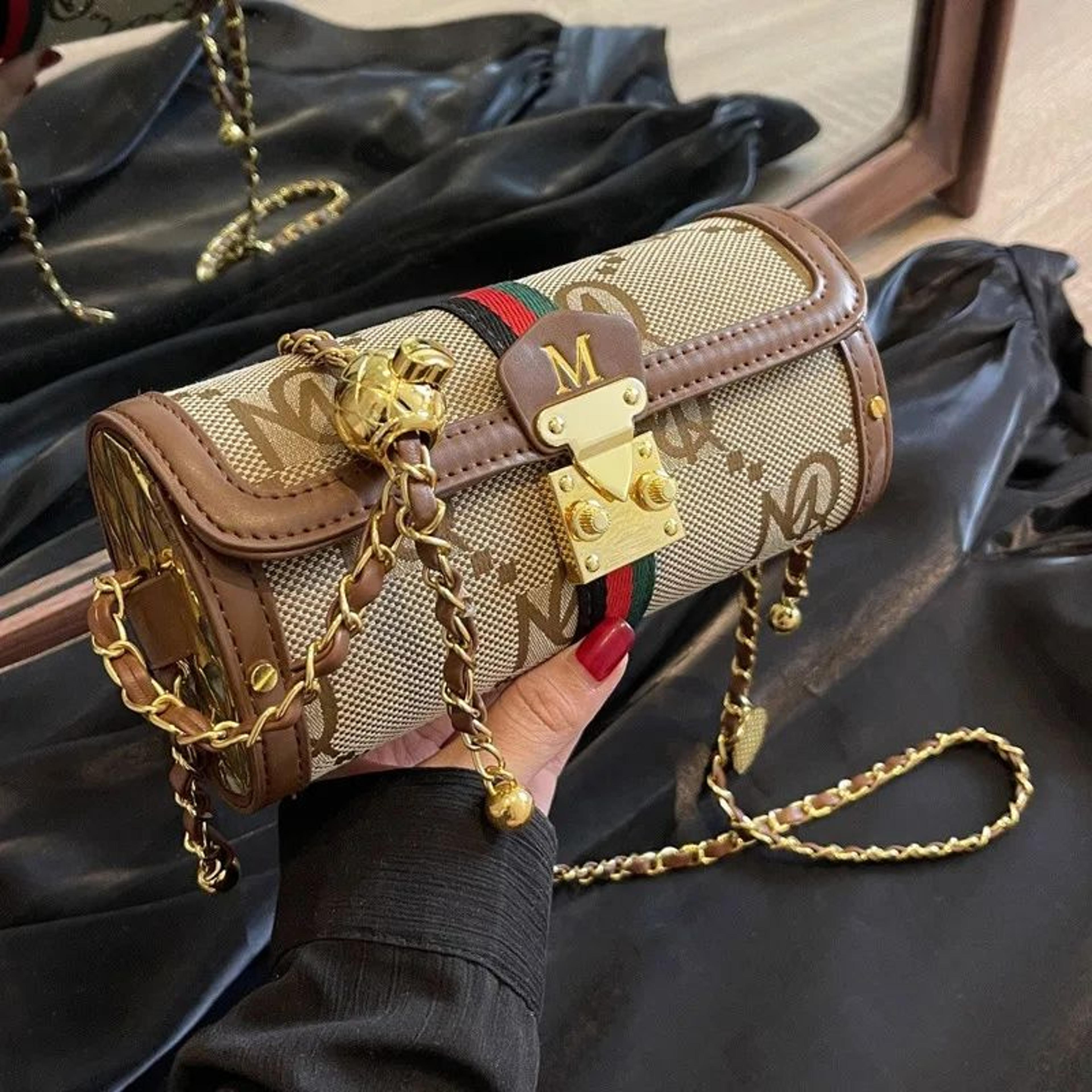 Monogram Cylinder Shoulder Bag For Women With Adjustable Gold Chain Strap 1