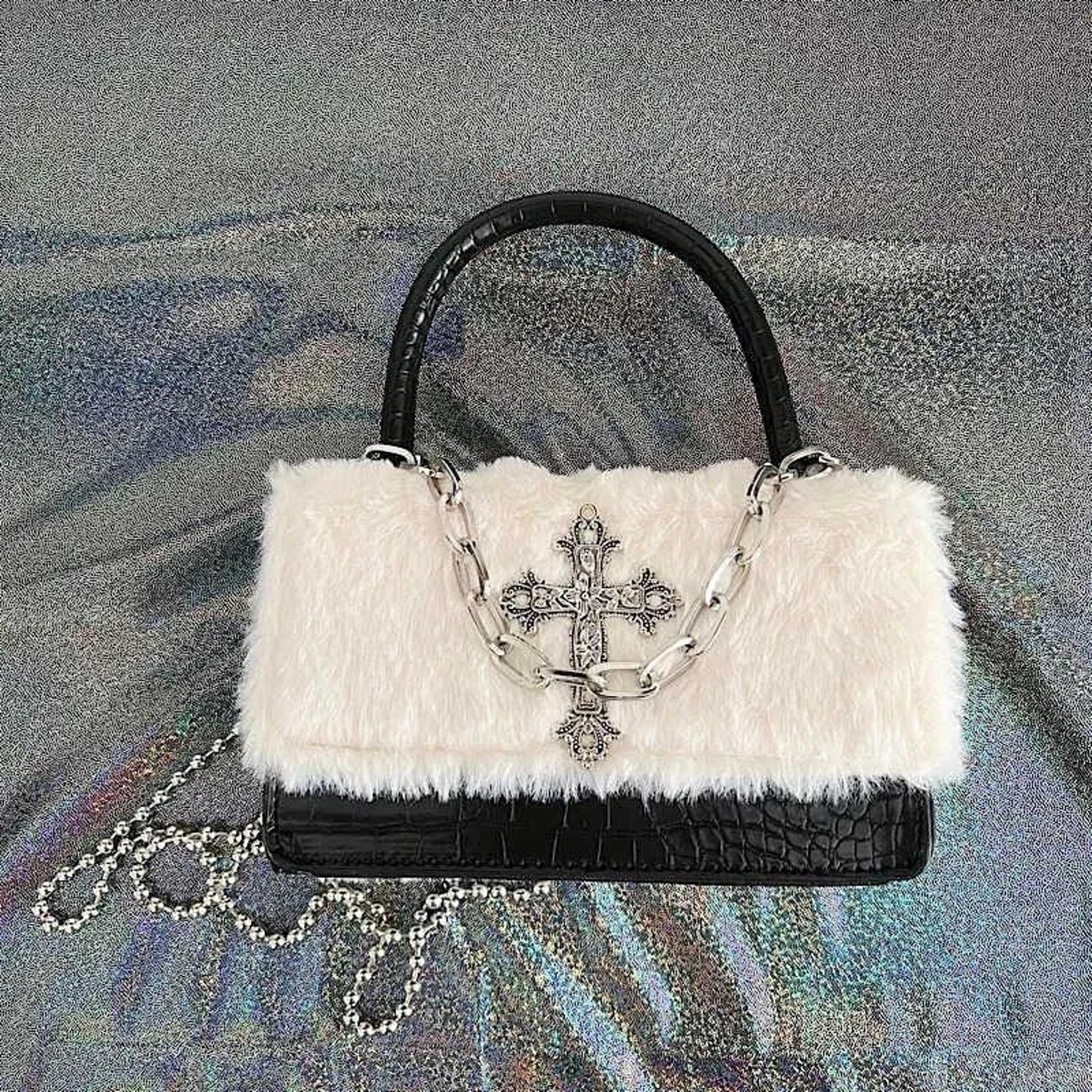 gothic crossbody fur handbag for women with metal cross applique and chain strap