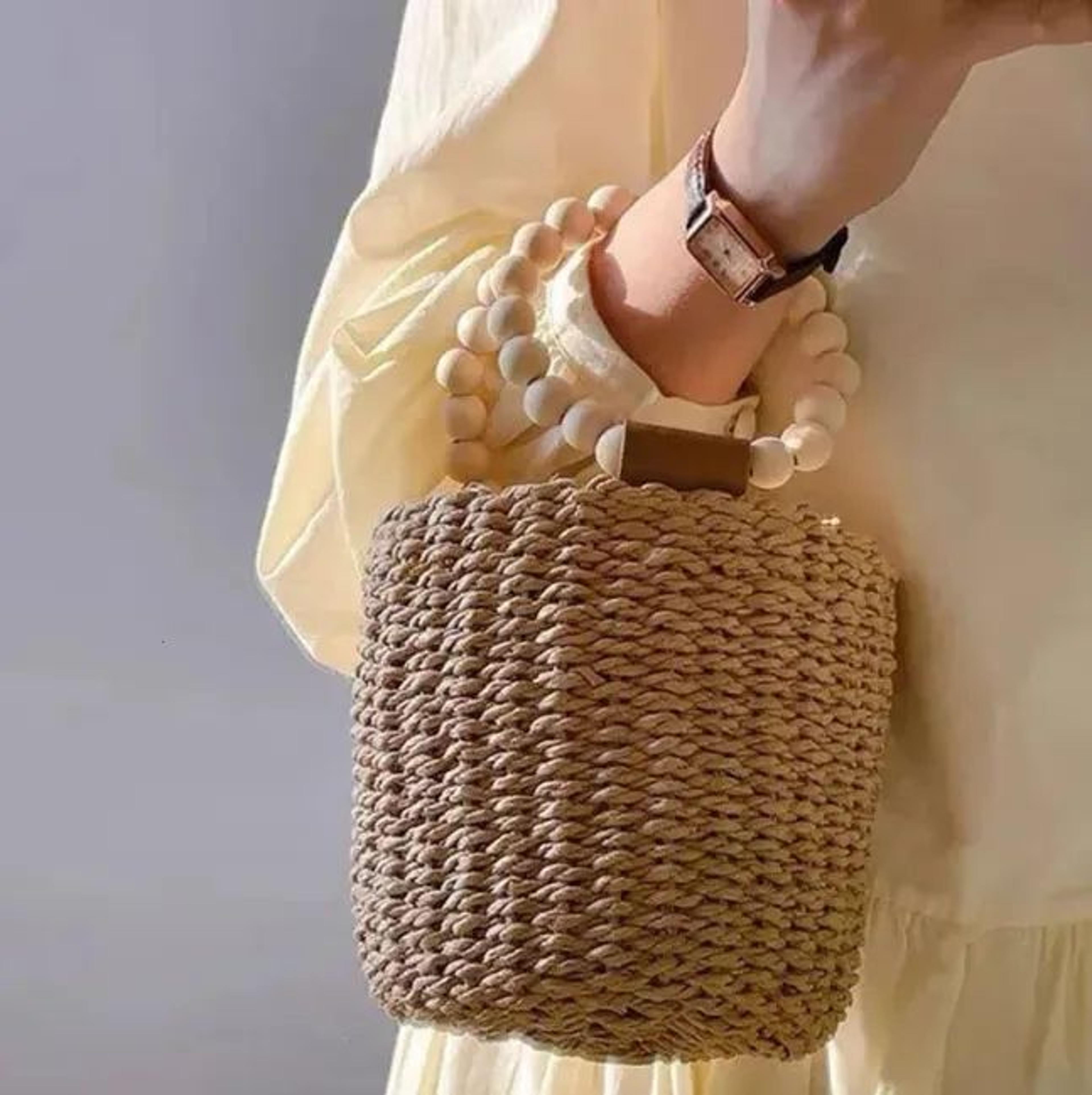 wooden beaded handbag for women paper woven summer beach bucket tote