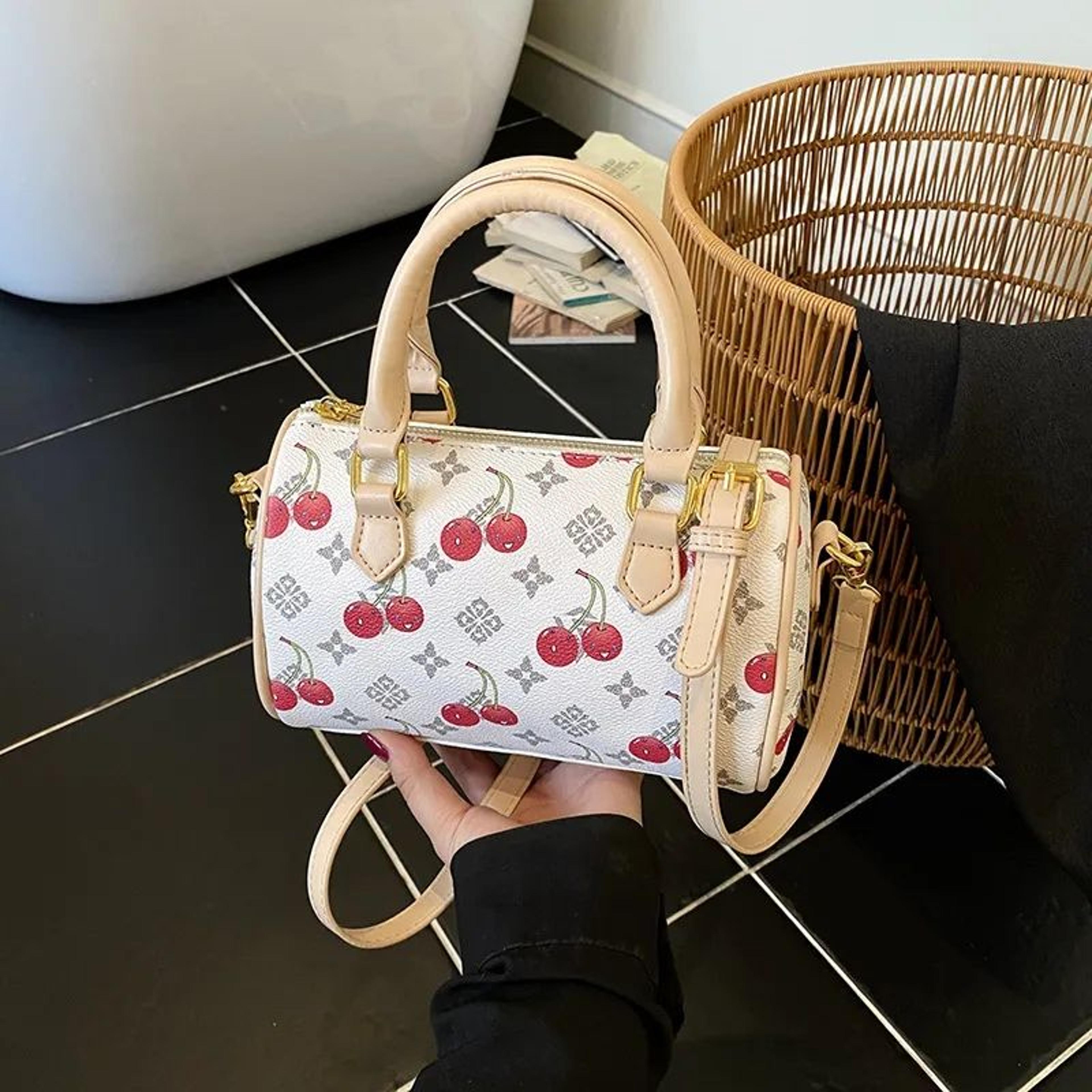 womens cherry print boston handbag with adjustable crossbody strap