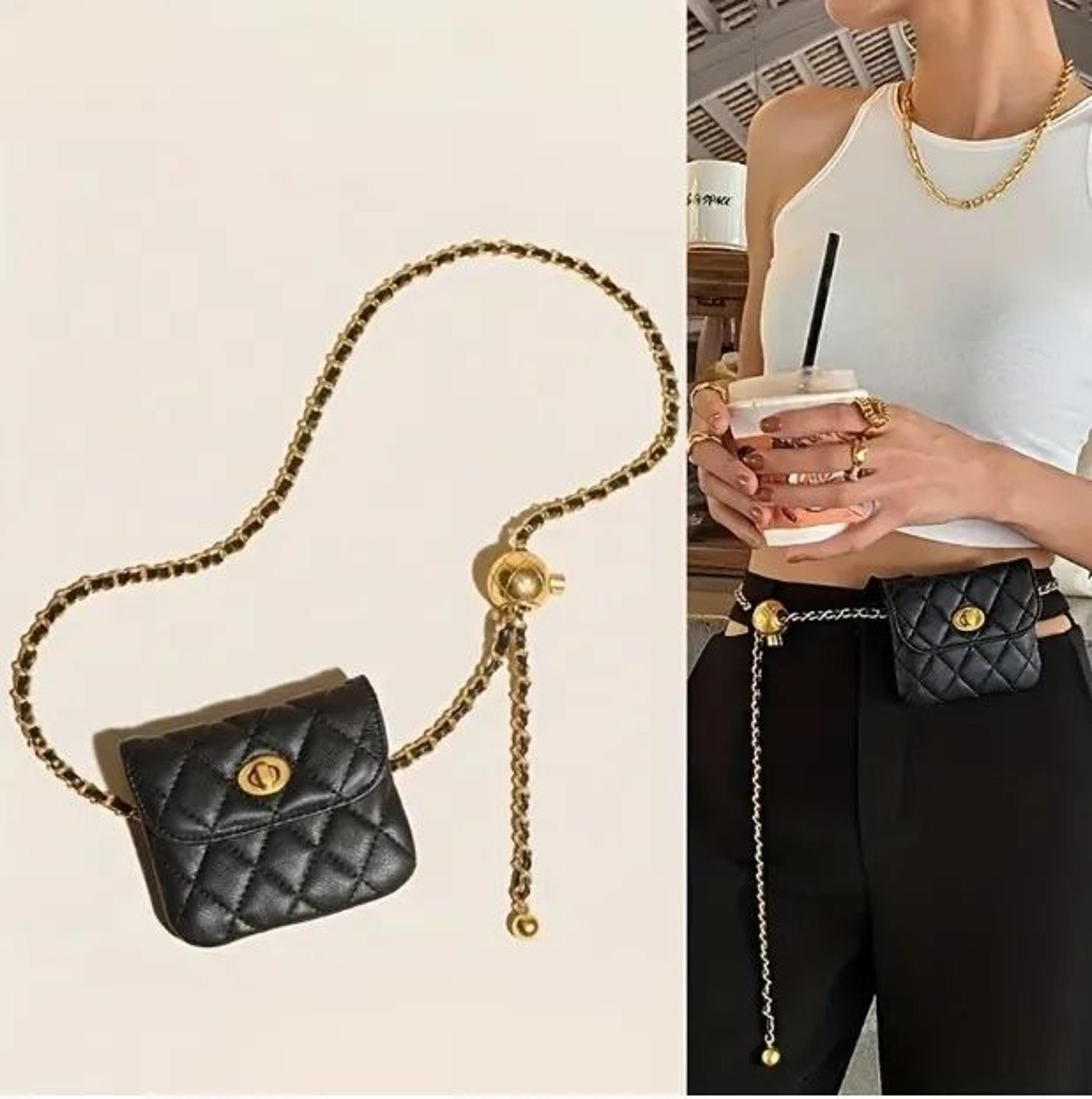 womens mini chain crossbody bag with rhombic pattern and golden ball accent