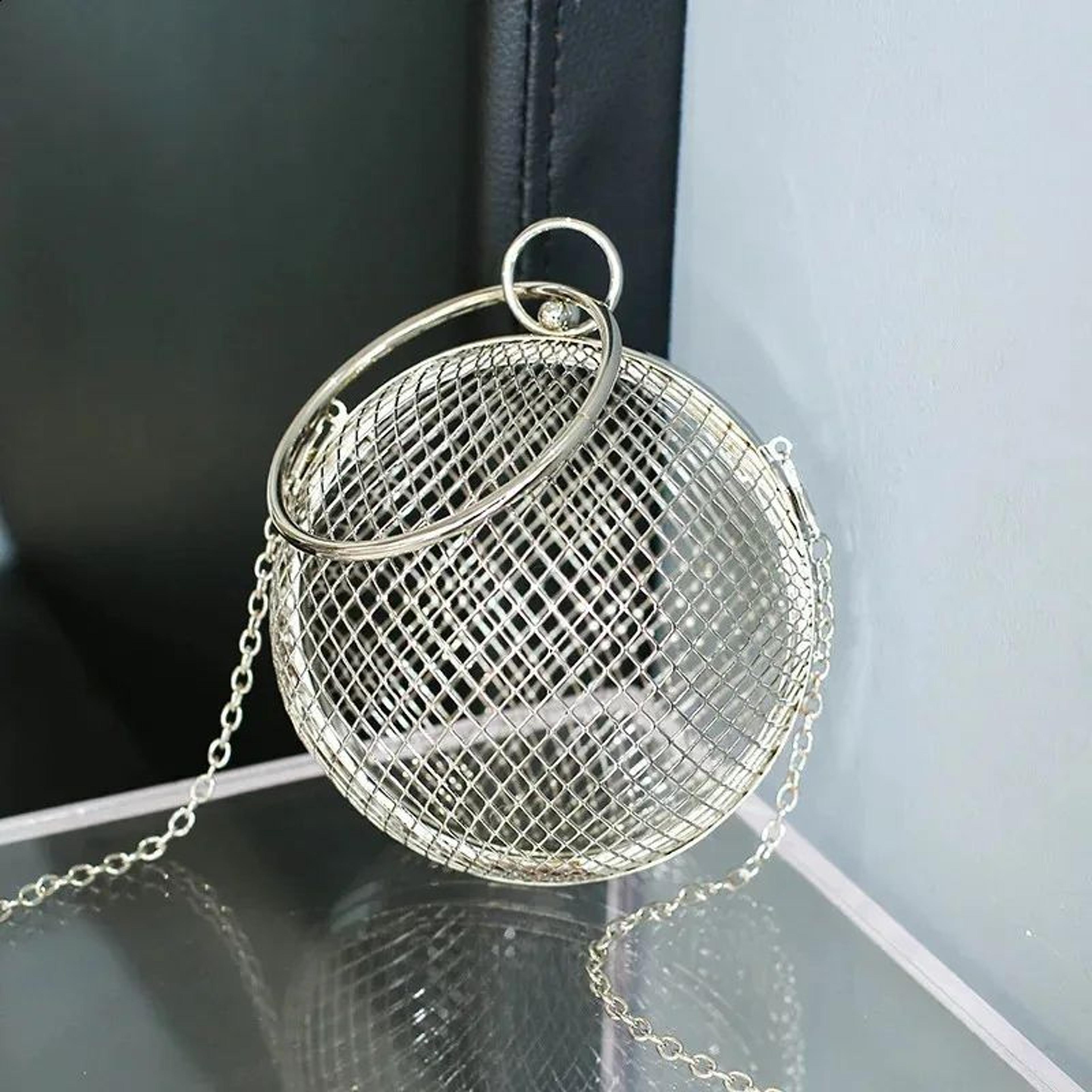 womens spherical mesh handbag with metal alloy top handle for parties and weddings