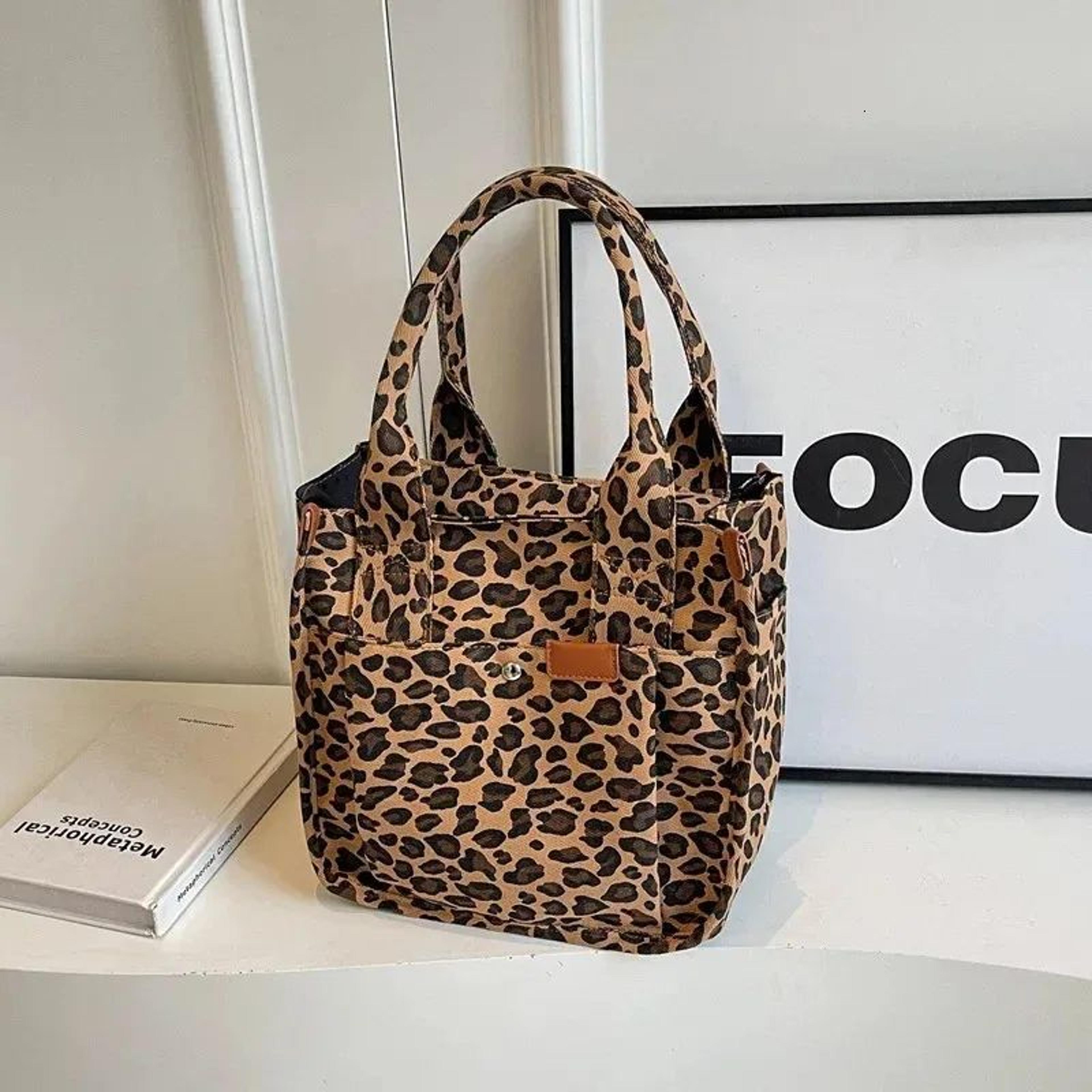 leopard print canvas tote bag for women with multiple pockets