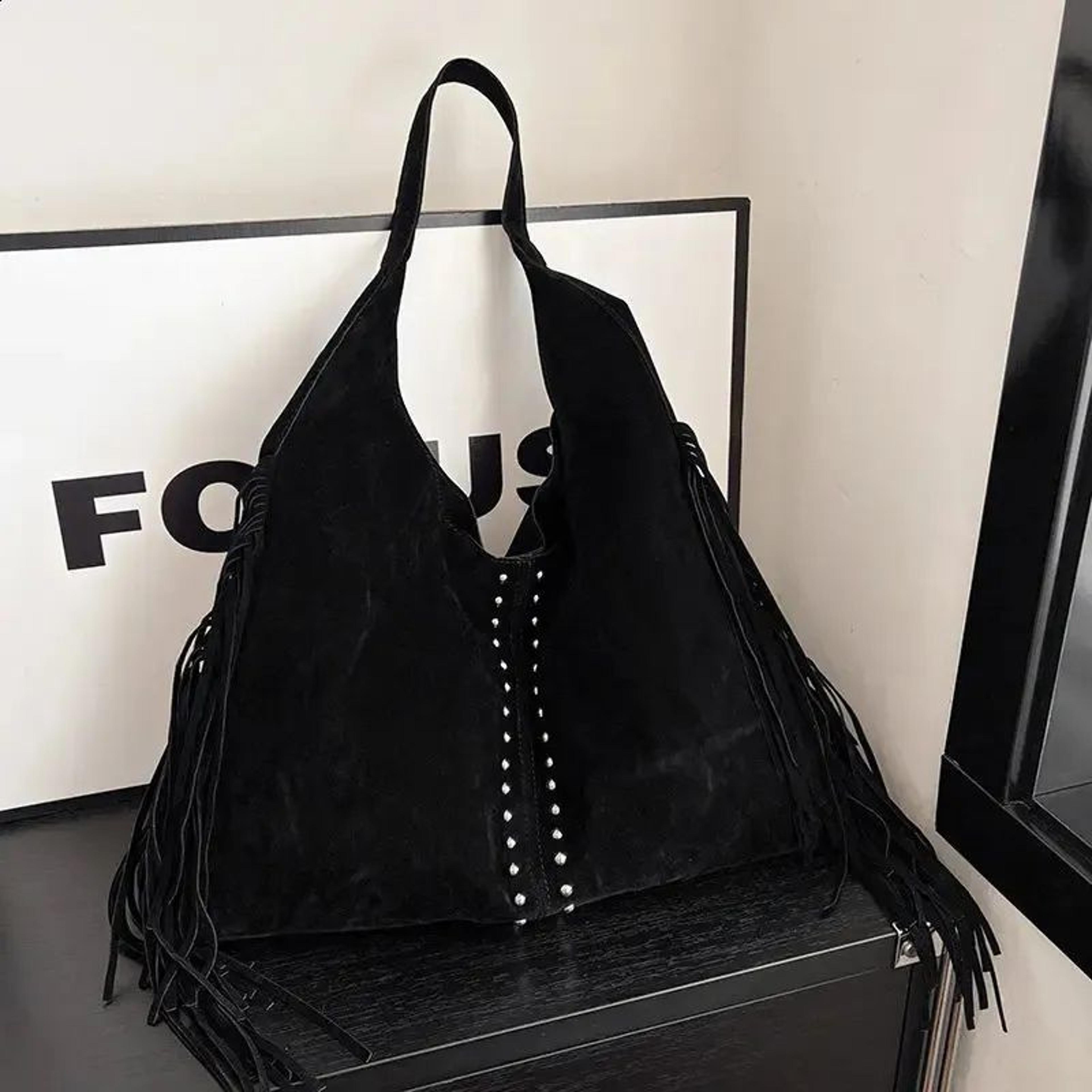 womens retro fringe tote bag with rivet accents and large capacity