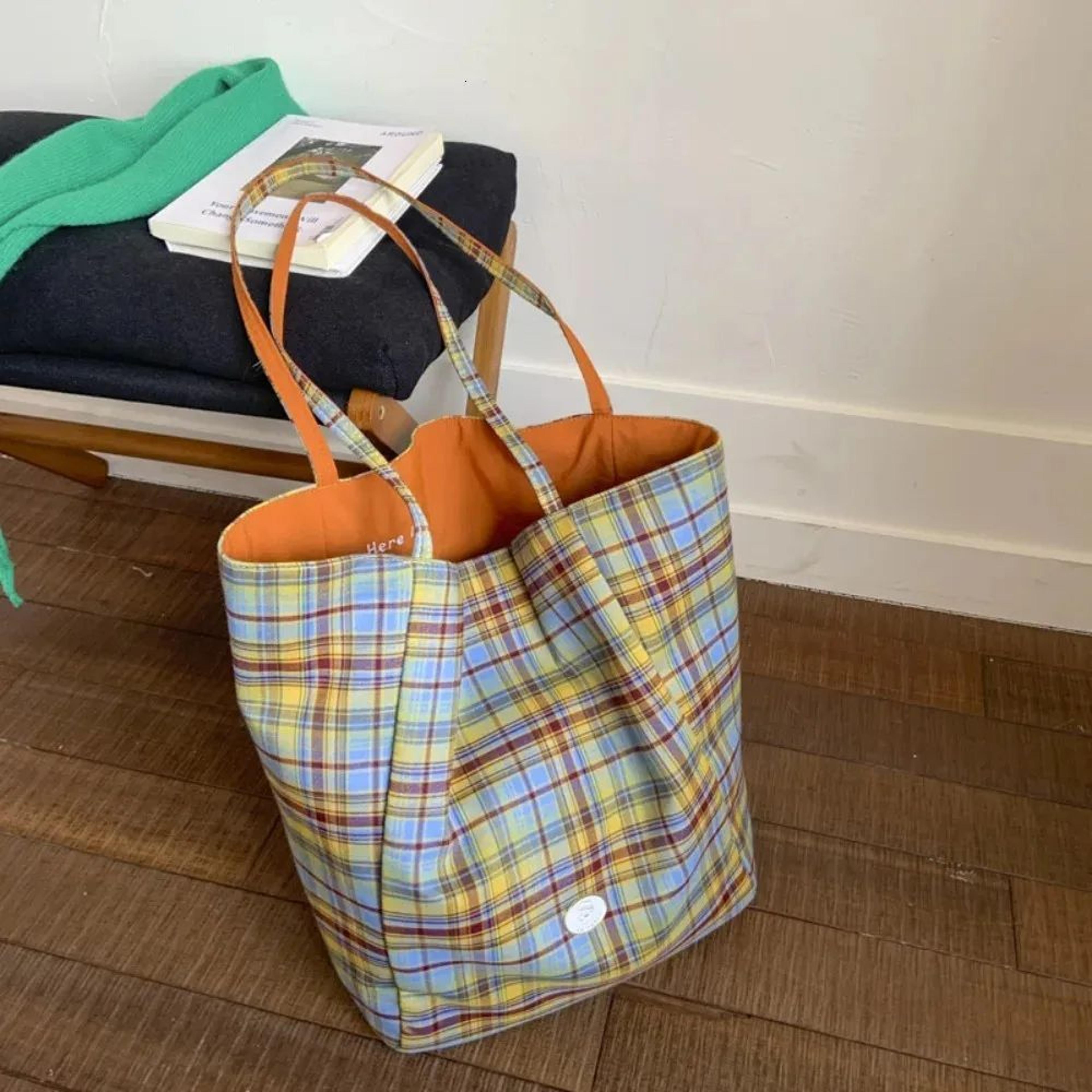 plaid canvas tote bag double-sided casual shoulder bag for everyday use