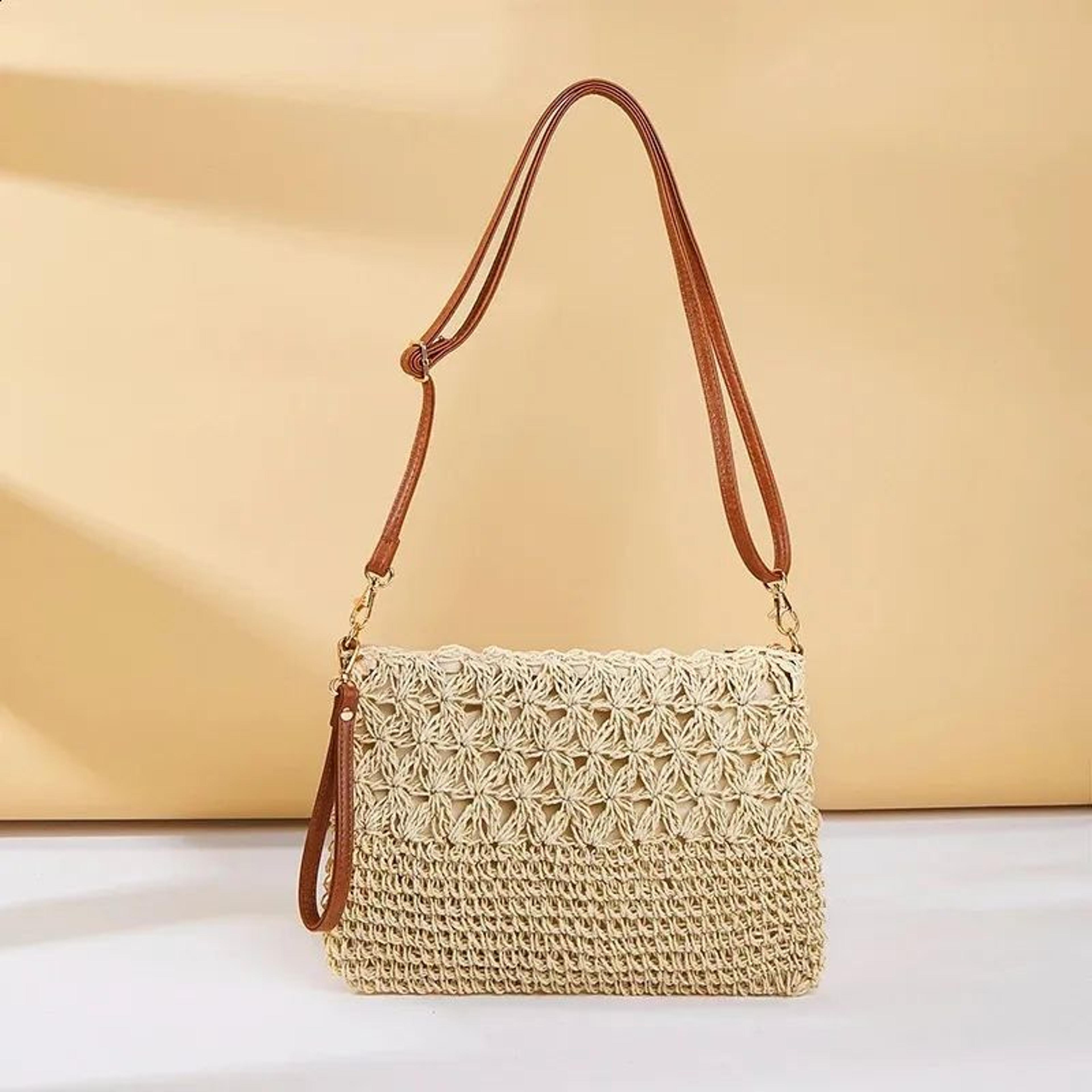 straw woven shoulder bag for women with detachable strap and zipper closure