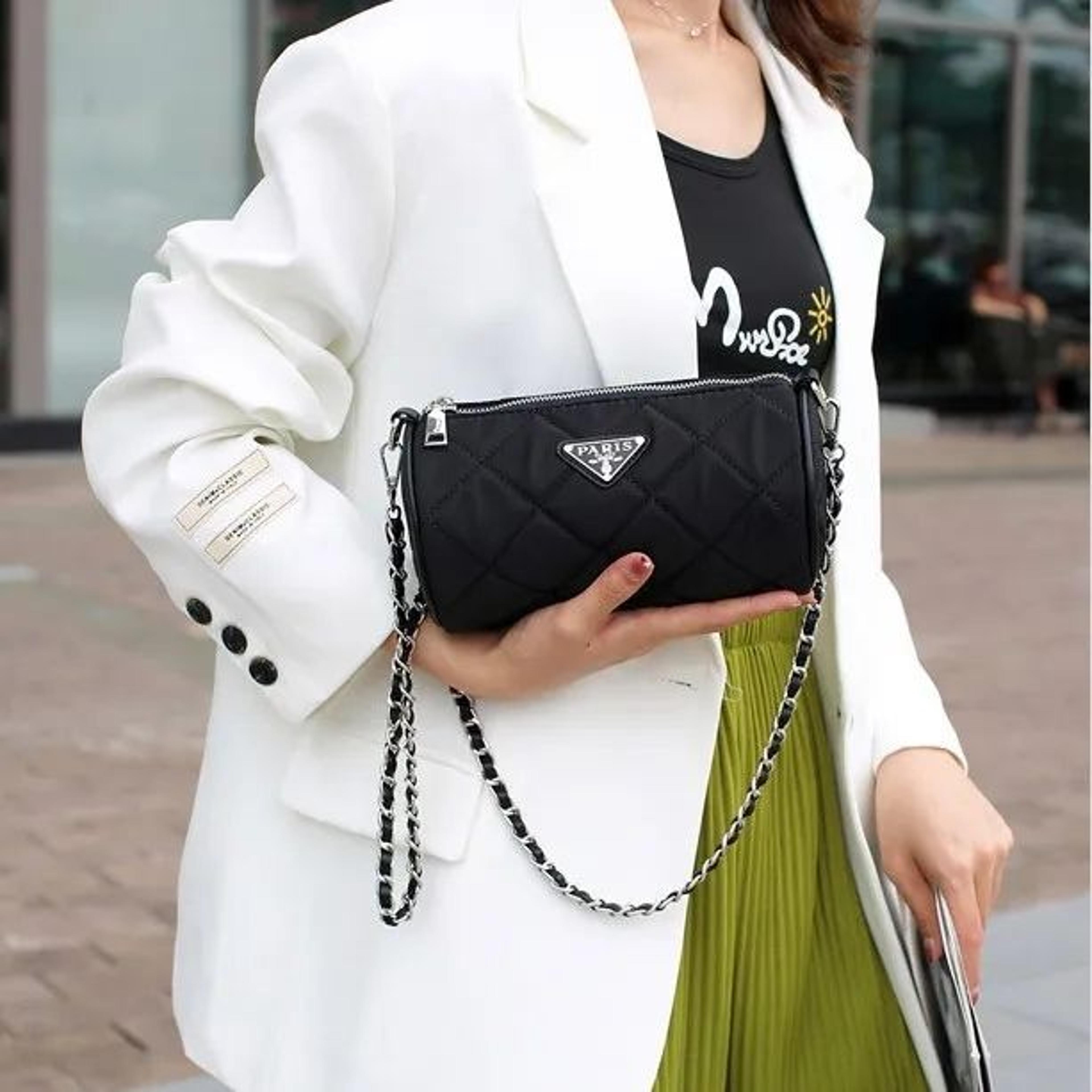 diamond quilted nylon crossbody cylinder bag for women with adjustable chain strap