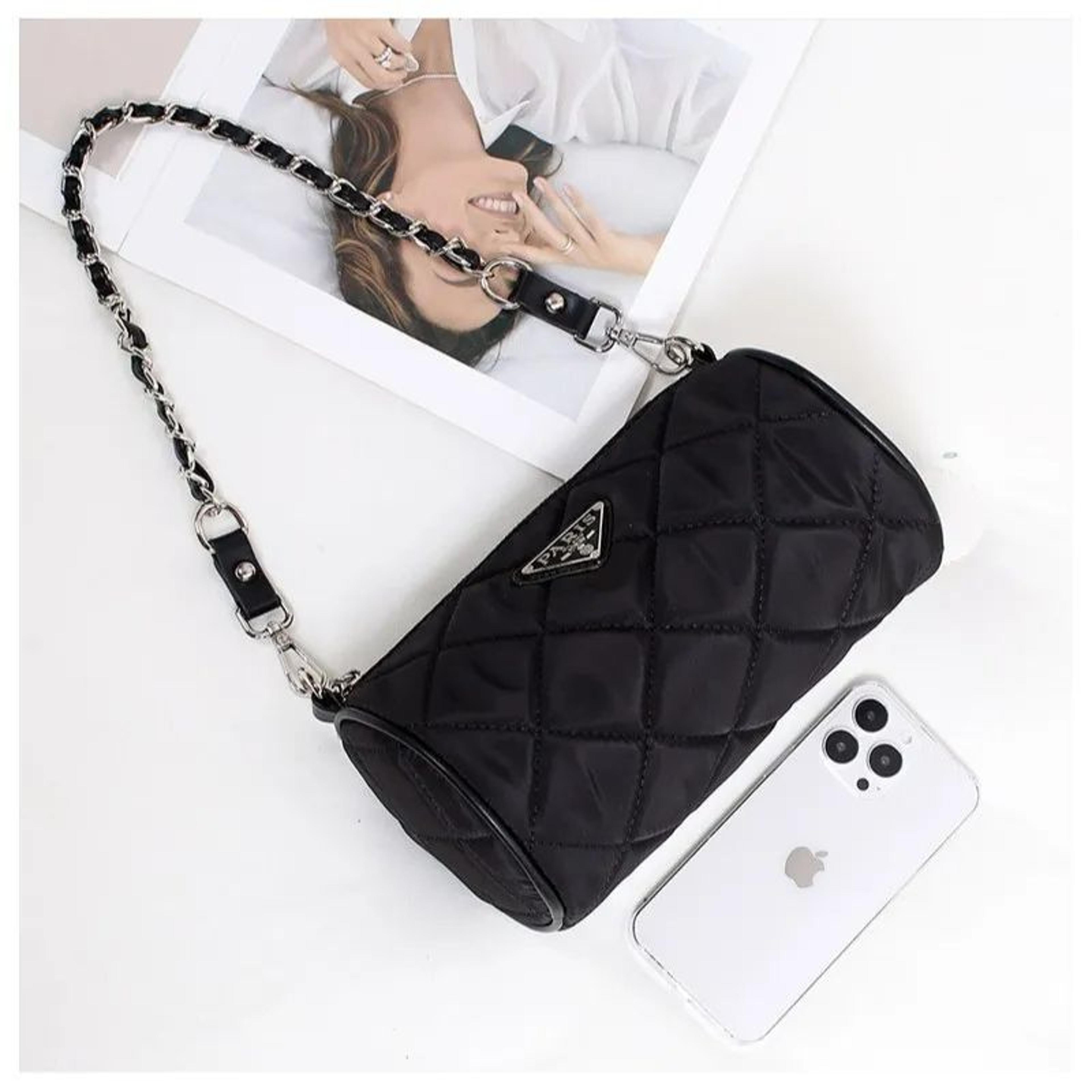 diamond quilted nylon cylinder crossbody bag for women with chain strap