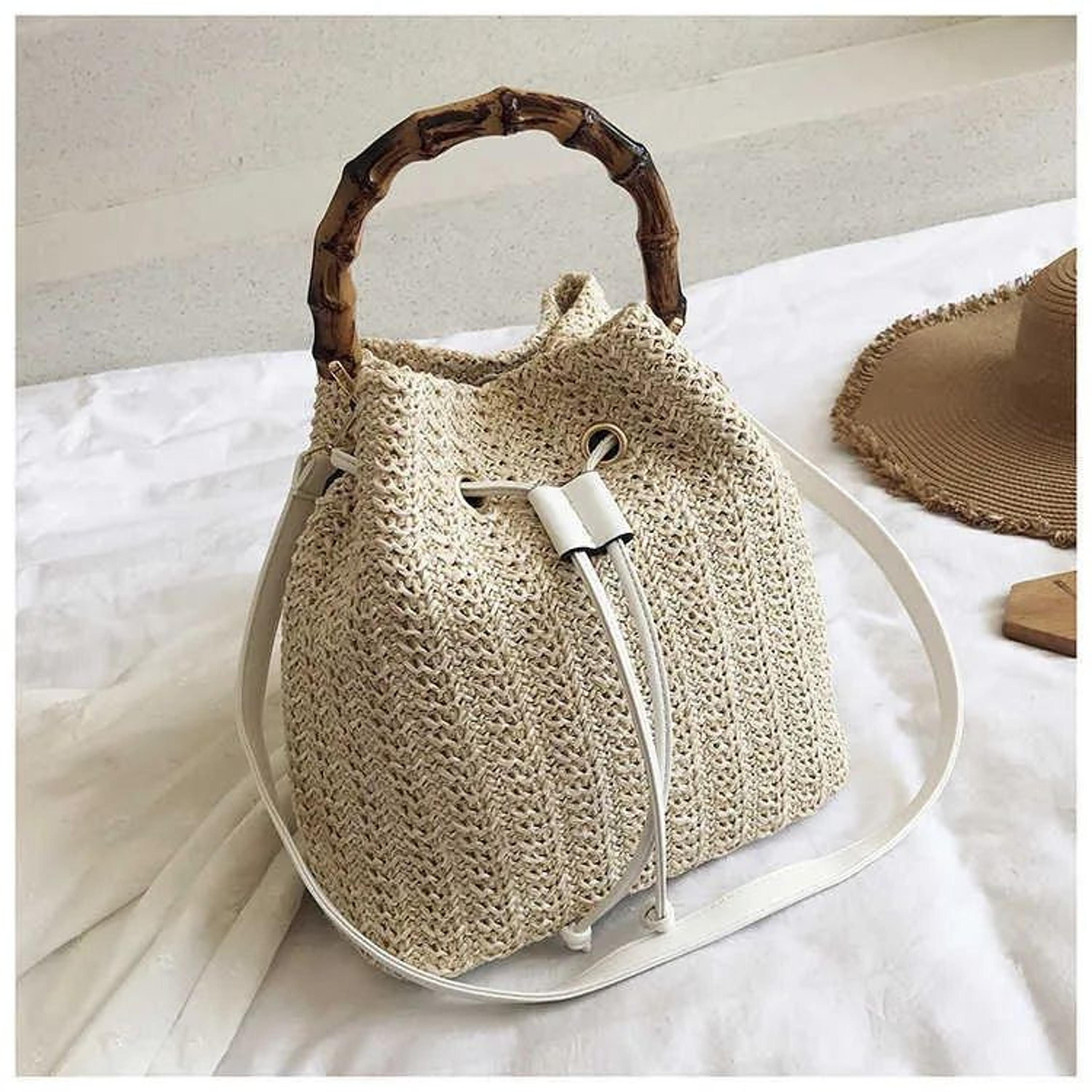 Woven Straw Bucket Bag For Women With Bamboo Handle And Crossbody Design 2
