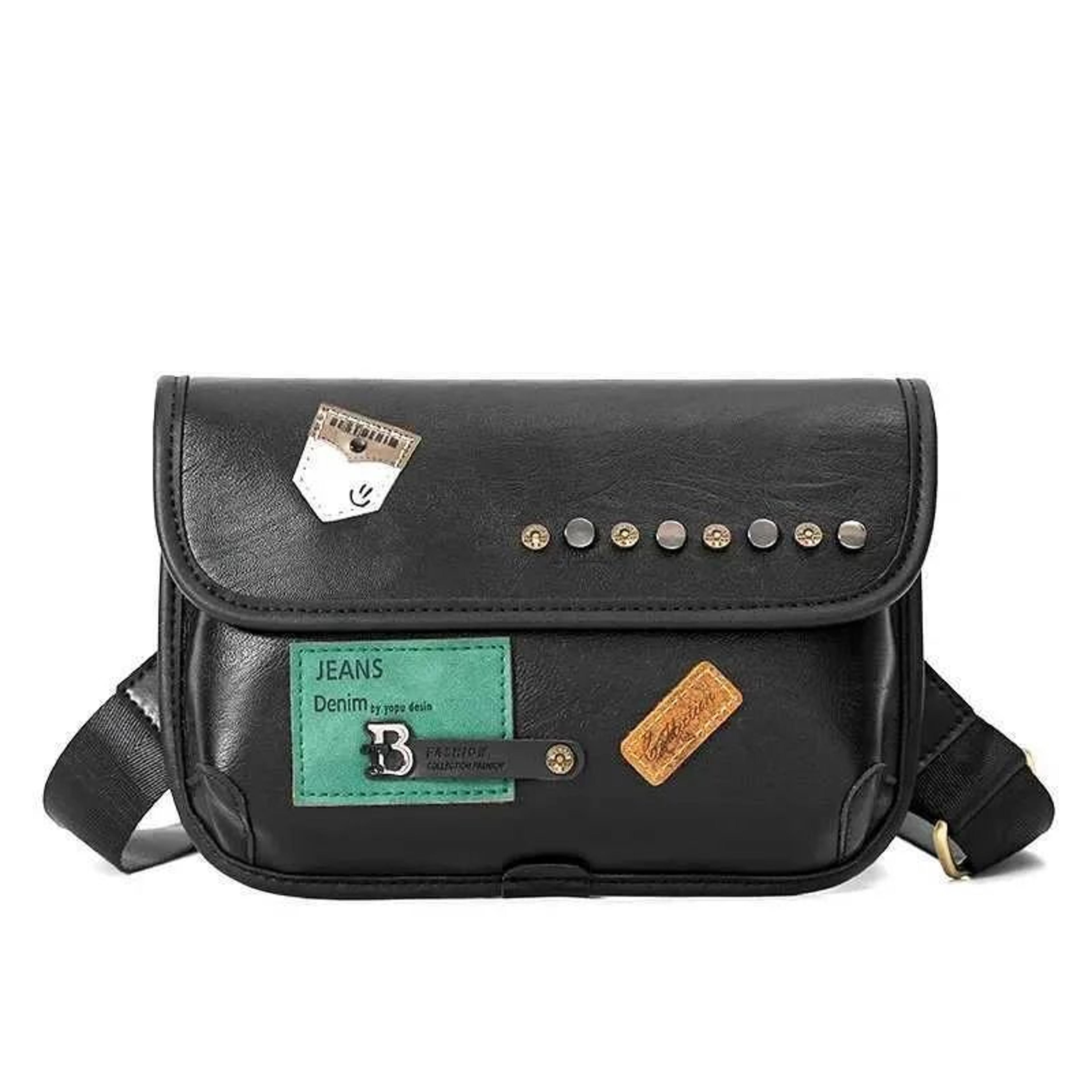 Men Small Crossbody Messenger Bag With Flap Closure And Rivet Accents 1