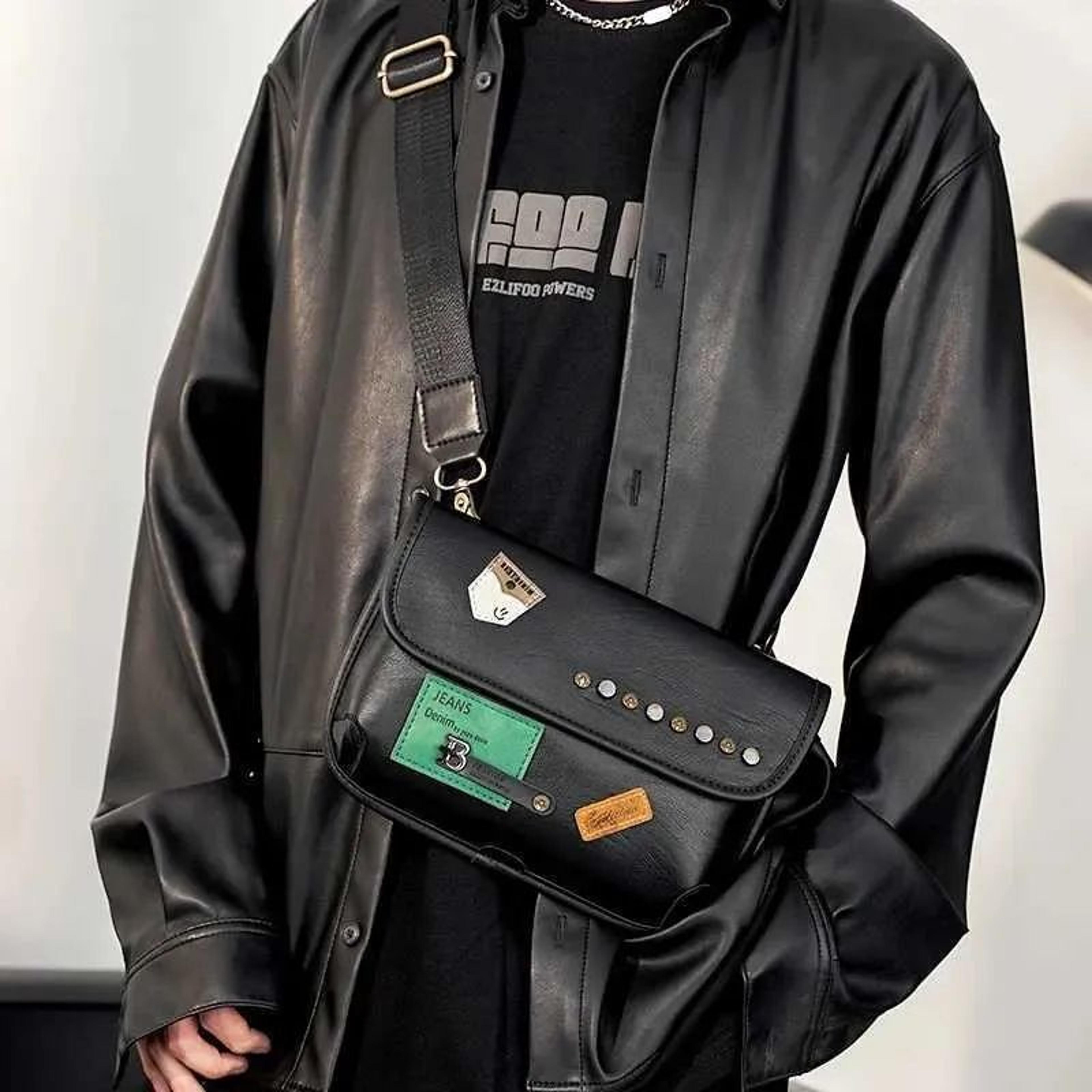 men small crossbody messenger bag with flap closure and rivet accents