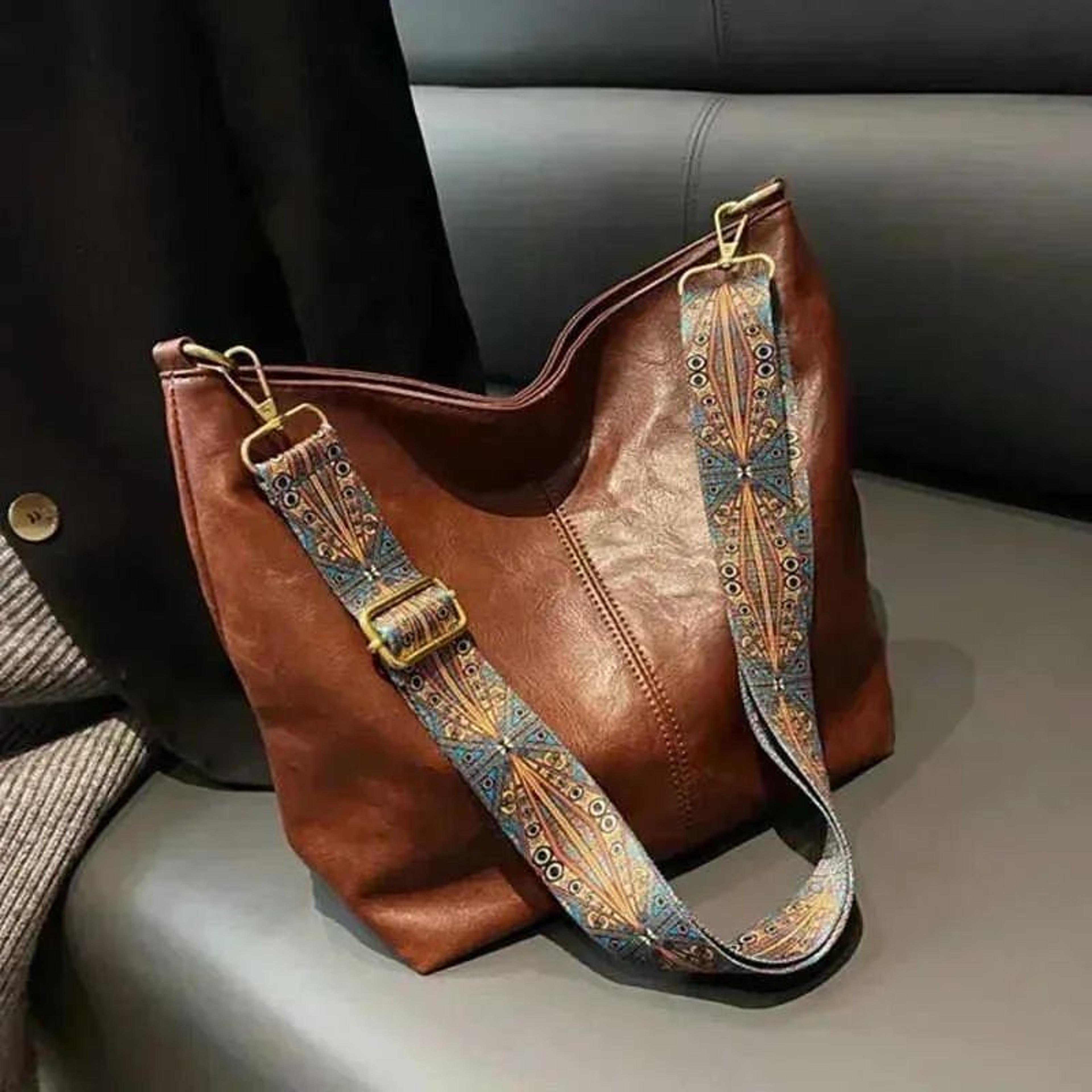 Womens Vintage PU Leather Bucket Crossbody Bag With Wide Shoulder Strap 1