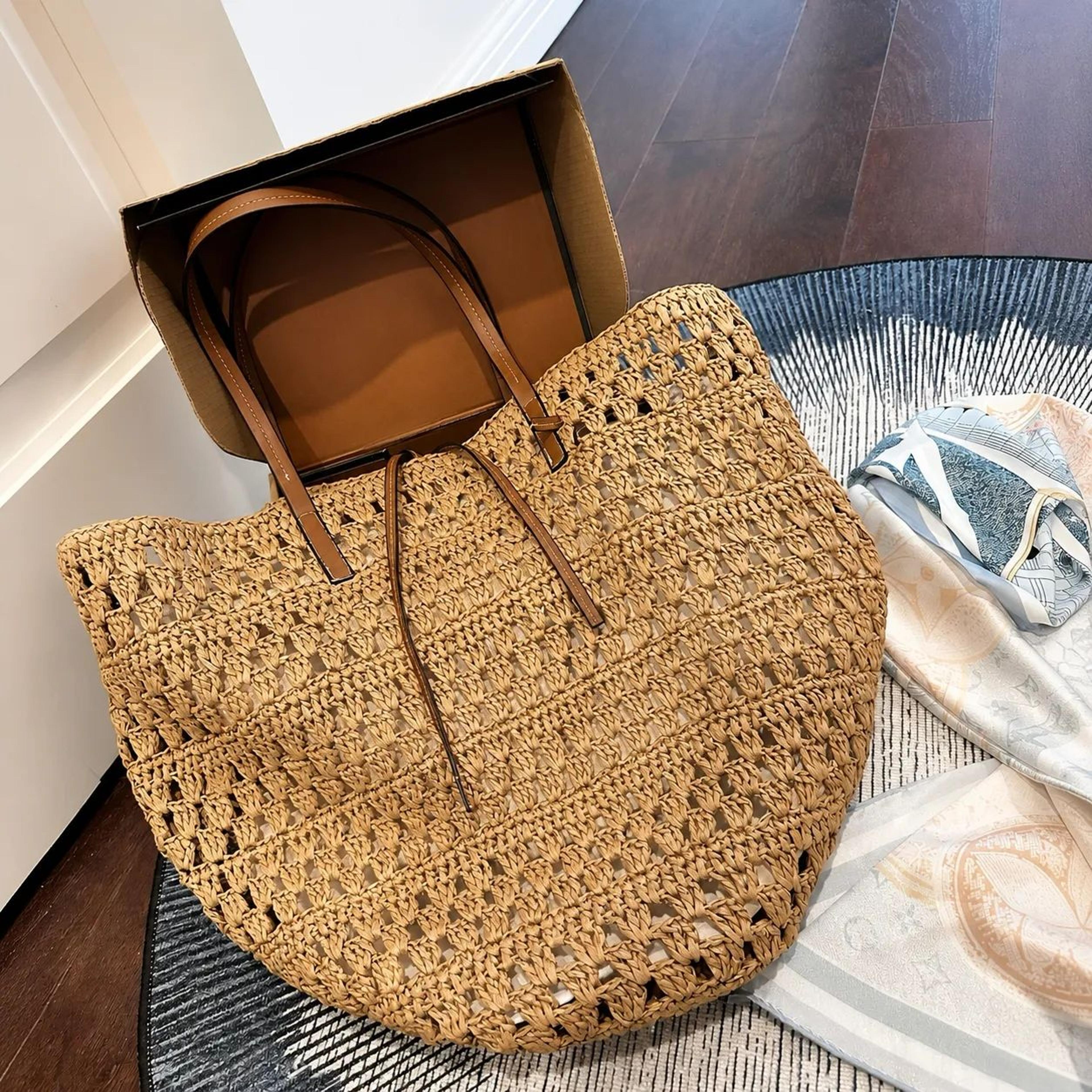 straw beach tote bag for women with openwork woven design and spacious interior