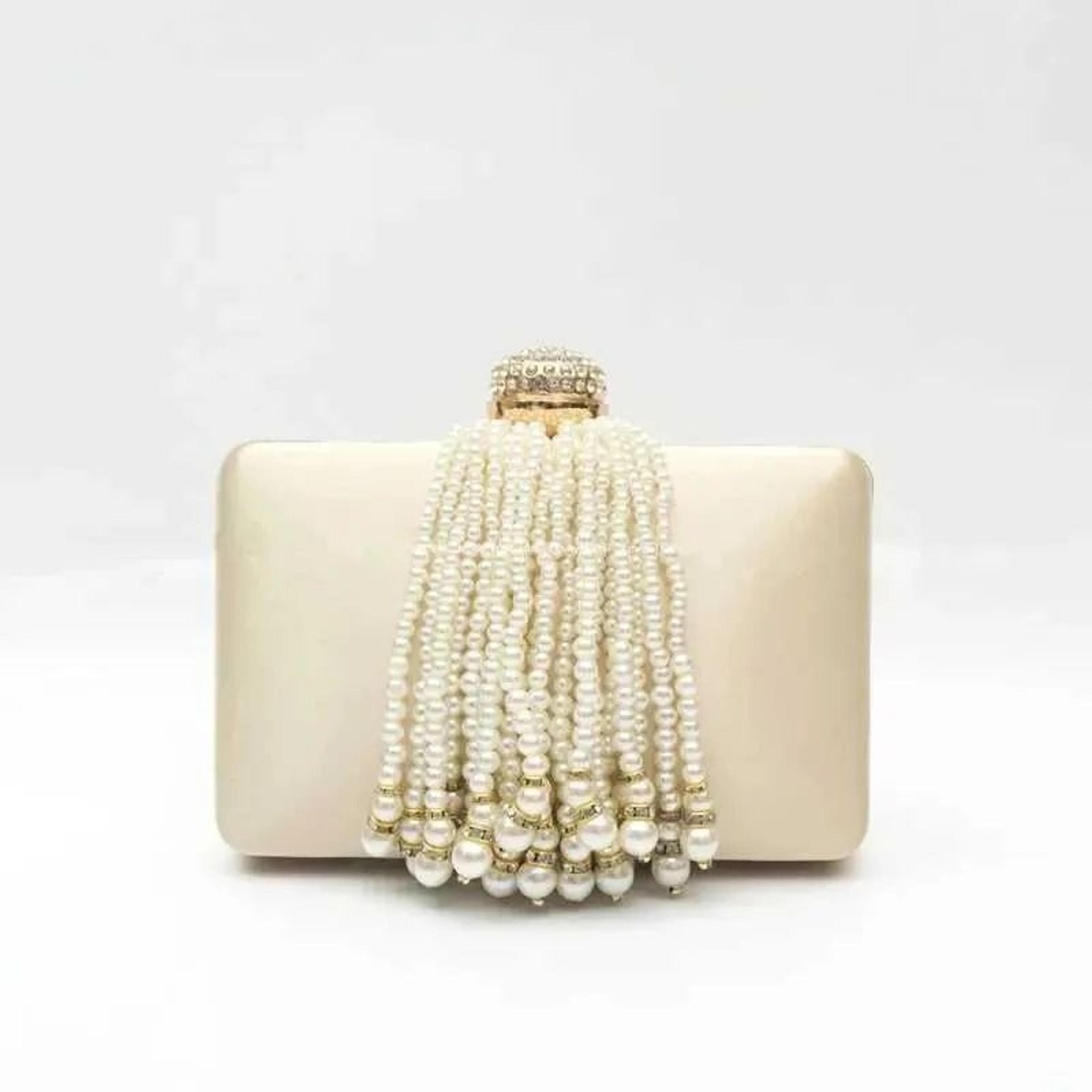 Women Satin Evening Clutch Bag With Pearl Tassels And Rhinestone Buckle 2