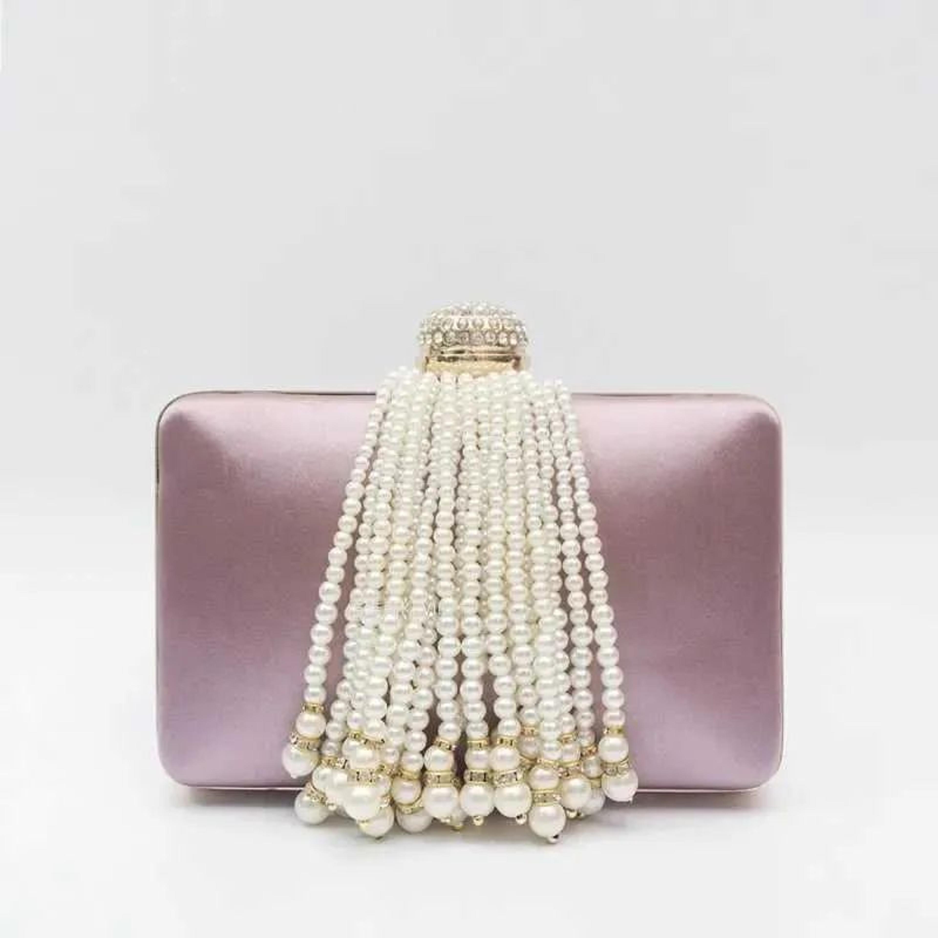 Women Satin Evening Clutch Bag With Pearl Tassels And Rhinestone Buckle 1