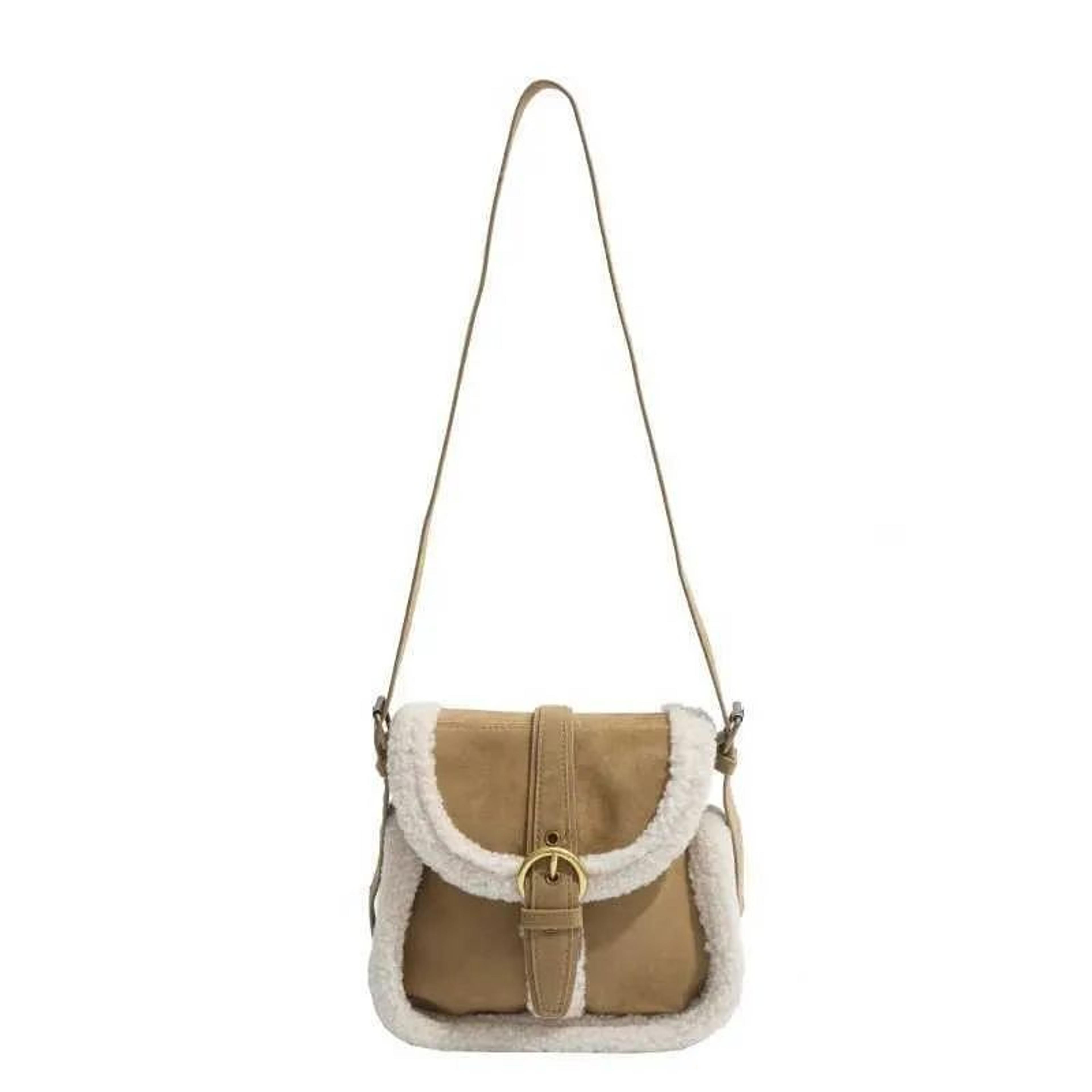 womens plush crossbody bag with retro square design and shoulder strap