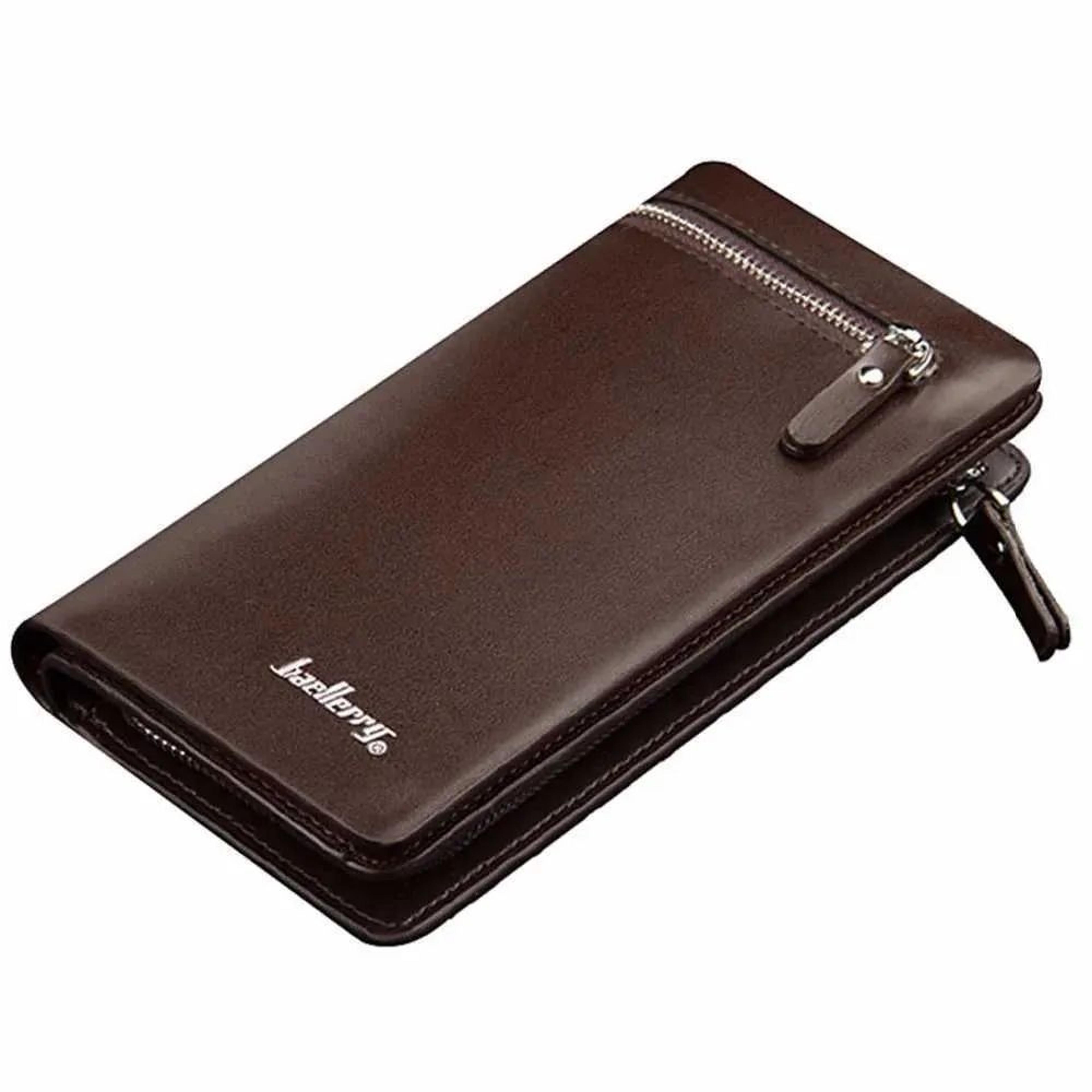 mens long pu leather wallet with double zipper and phone pocket