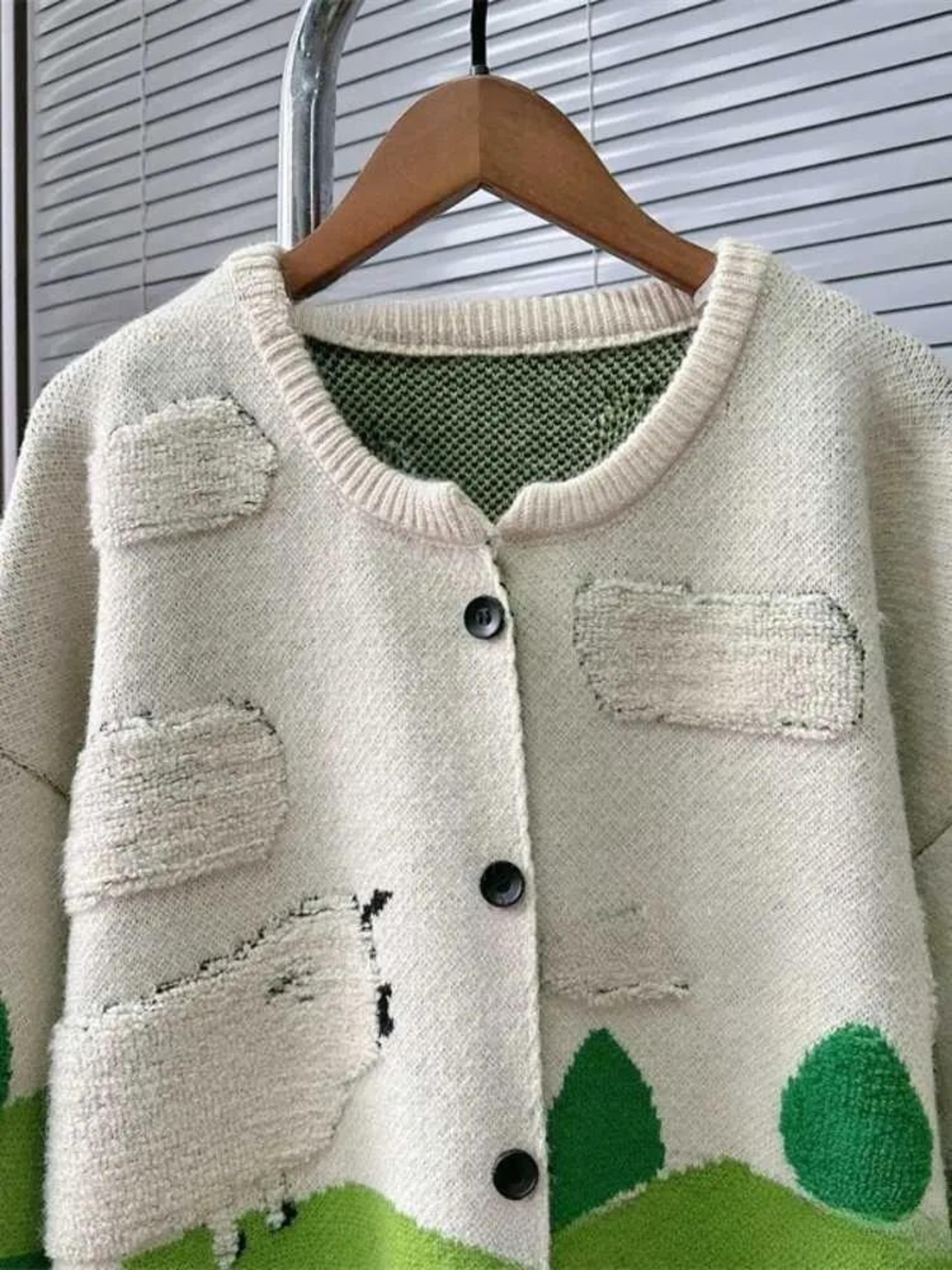 Womens Cartoon Jacquard Cardigan Sweater With Contrast Colors And Loose Fit 2