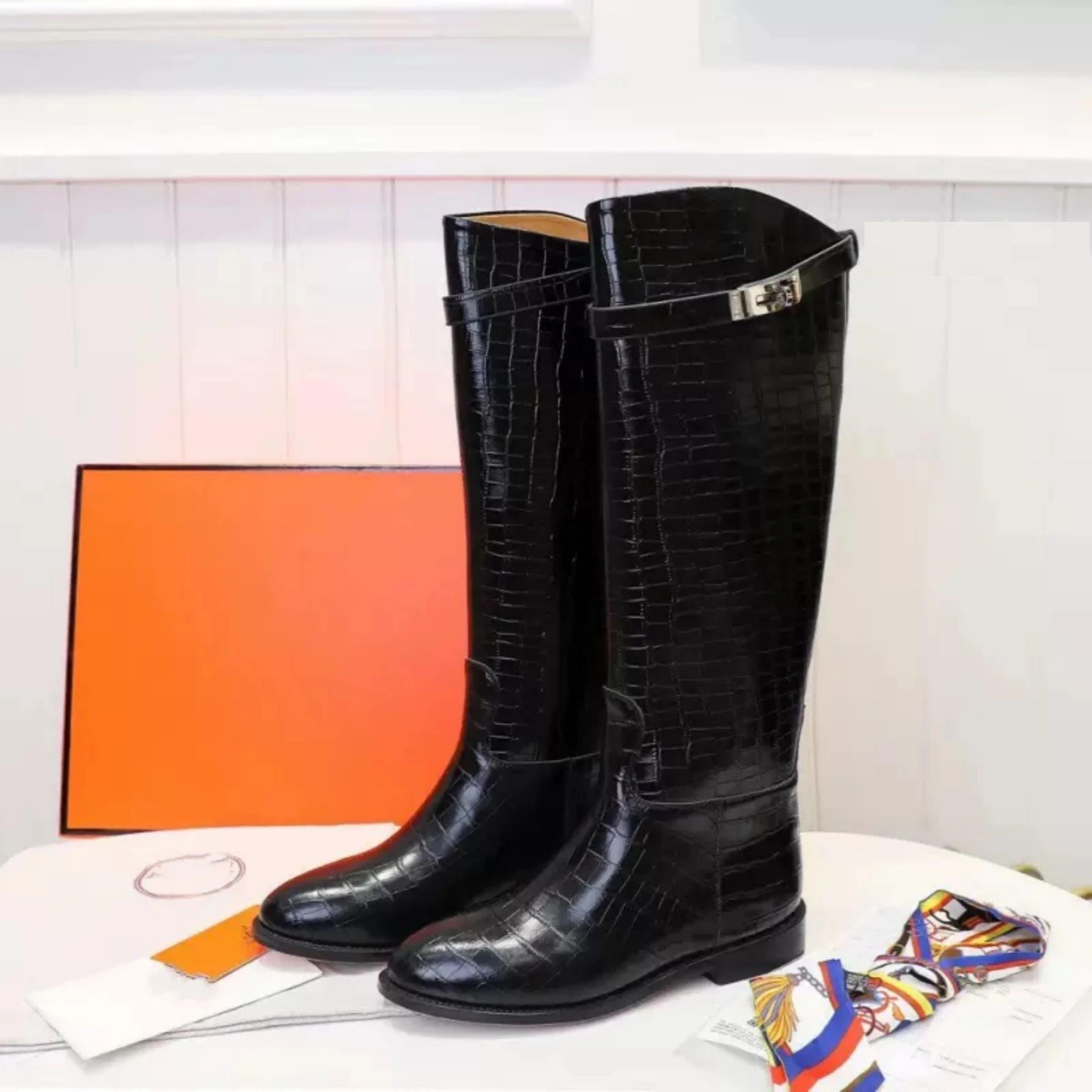women genuine leather knee-high riding boots with low heel and metal buckle