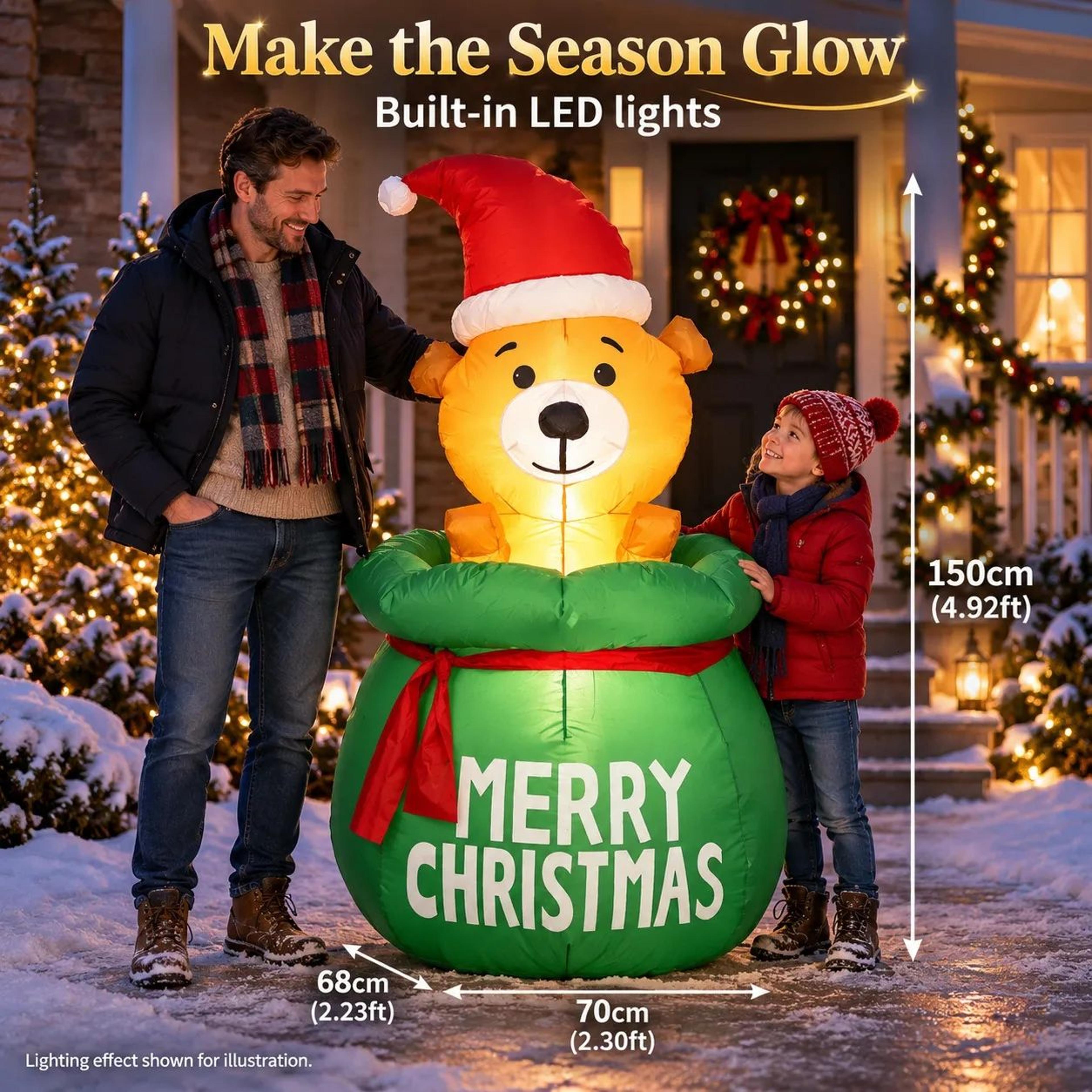 Christmas Inflatable Bear In Green Gift Bag With LED Lights For Indoor Outdoor Decor 1