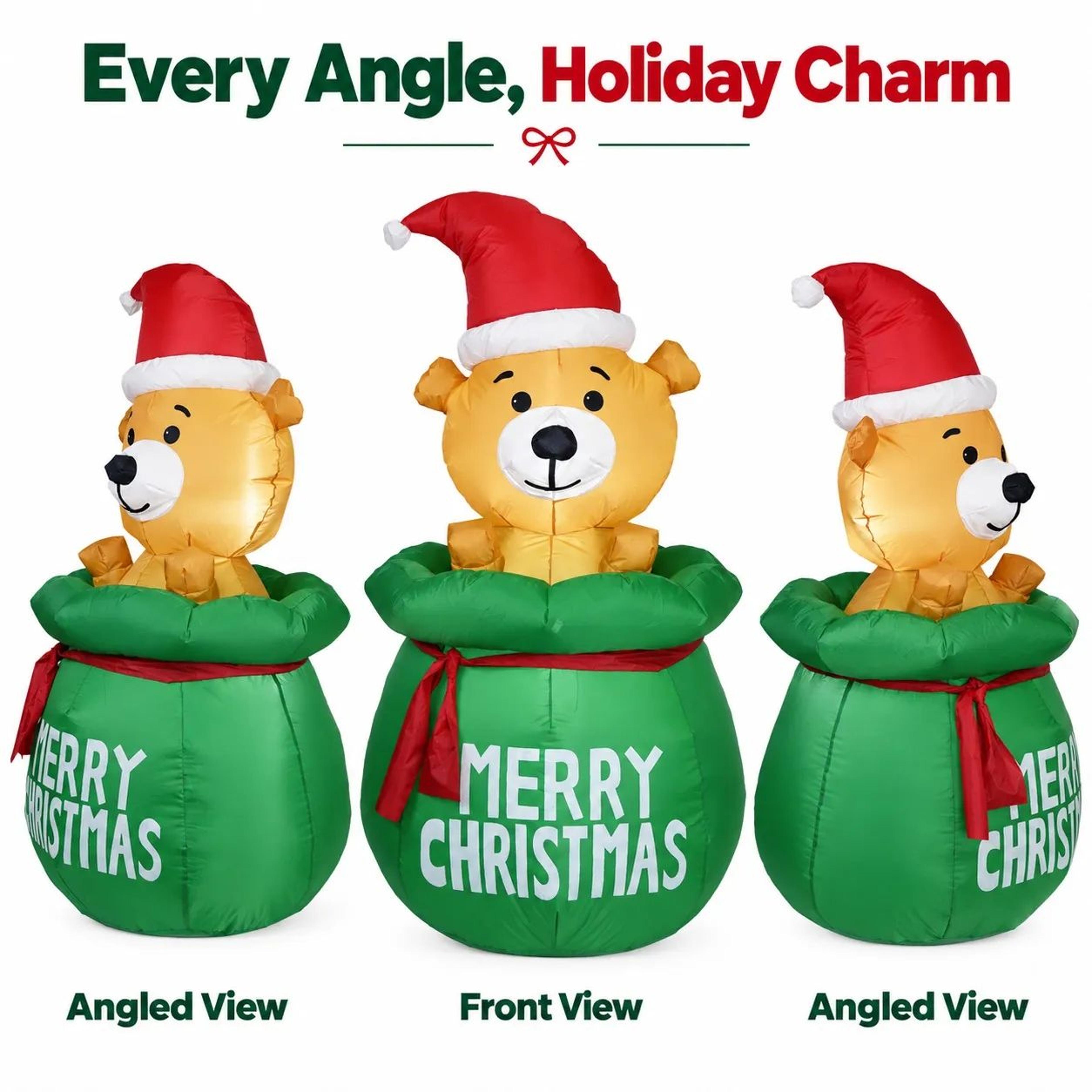 Christmas Inflatable Bear In Green Gift Bag With LED Lights For Indoor Outdoor Decor 3