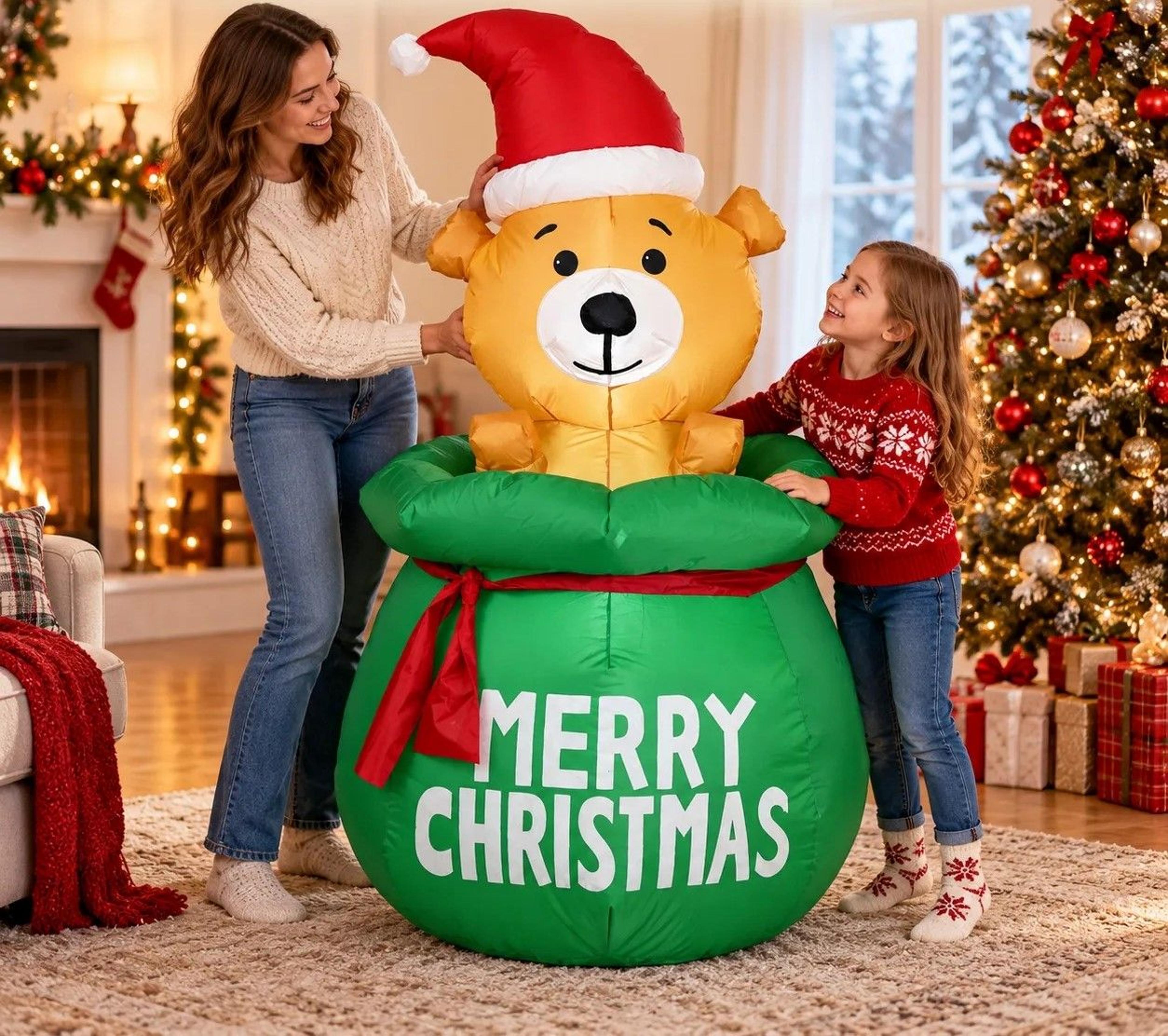 christmas inflatable bear in green gift bag with led lights for indoor outdoor decor