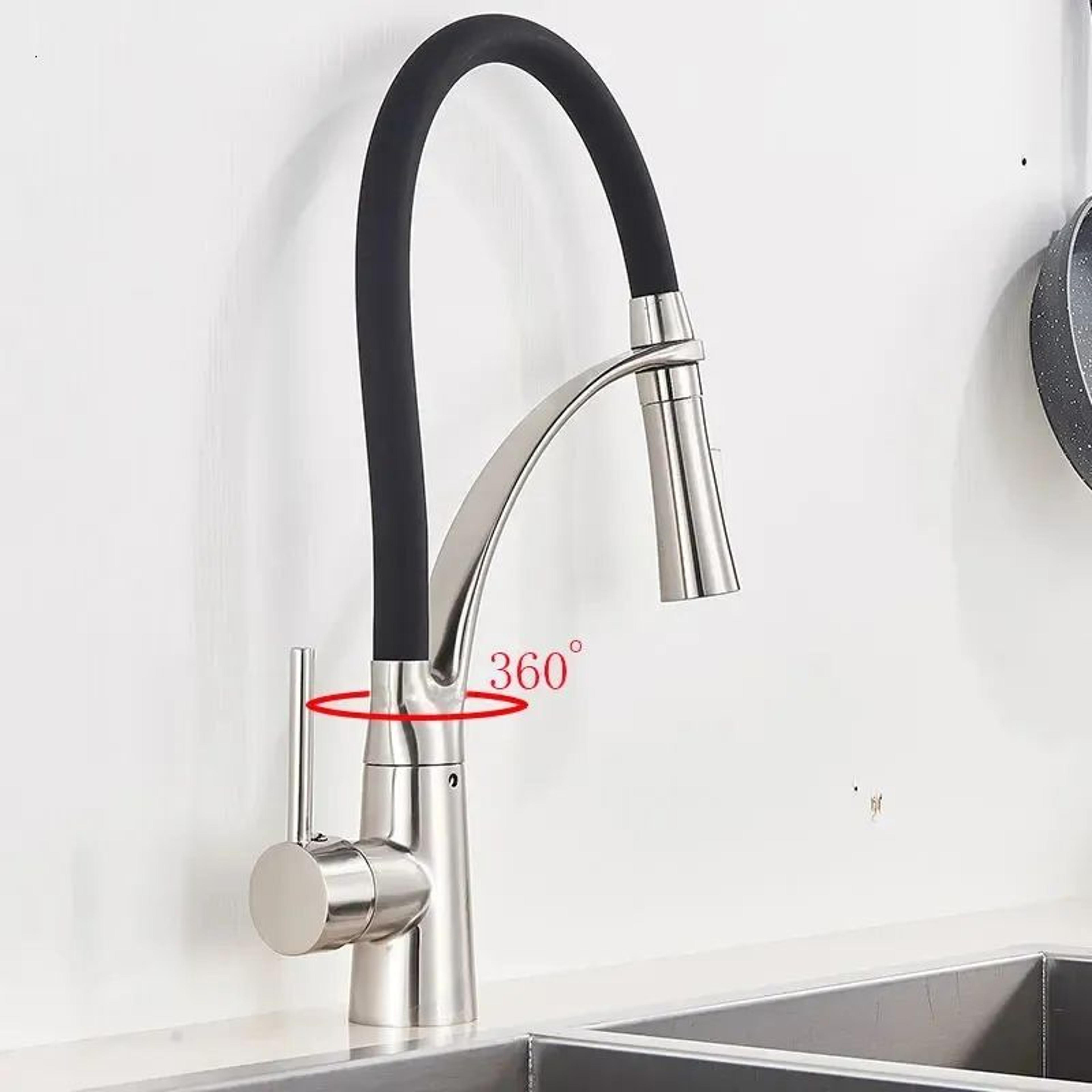 Swivel PullDown Kitchen Faucet With Black Hose And Hot And Cold Water Mixer 6