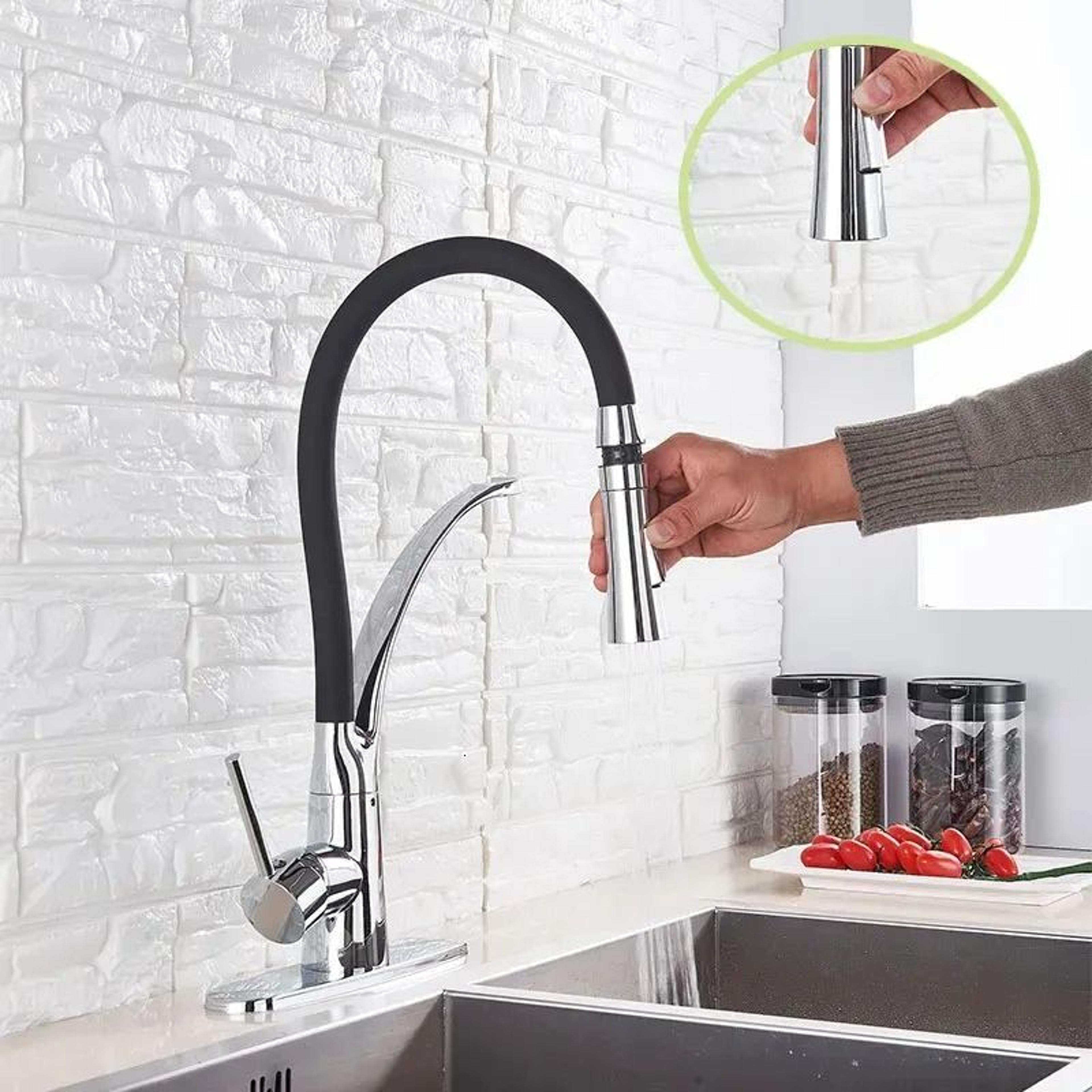 swivel pull-down kitchen faucet with black hose and hot and cold water mixer