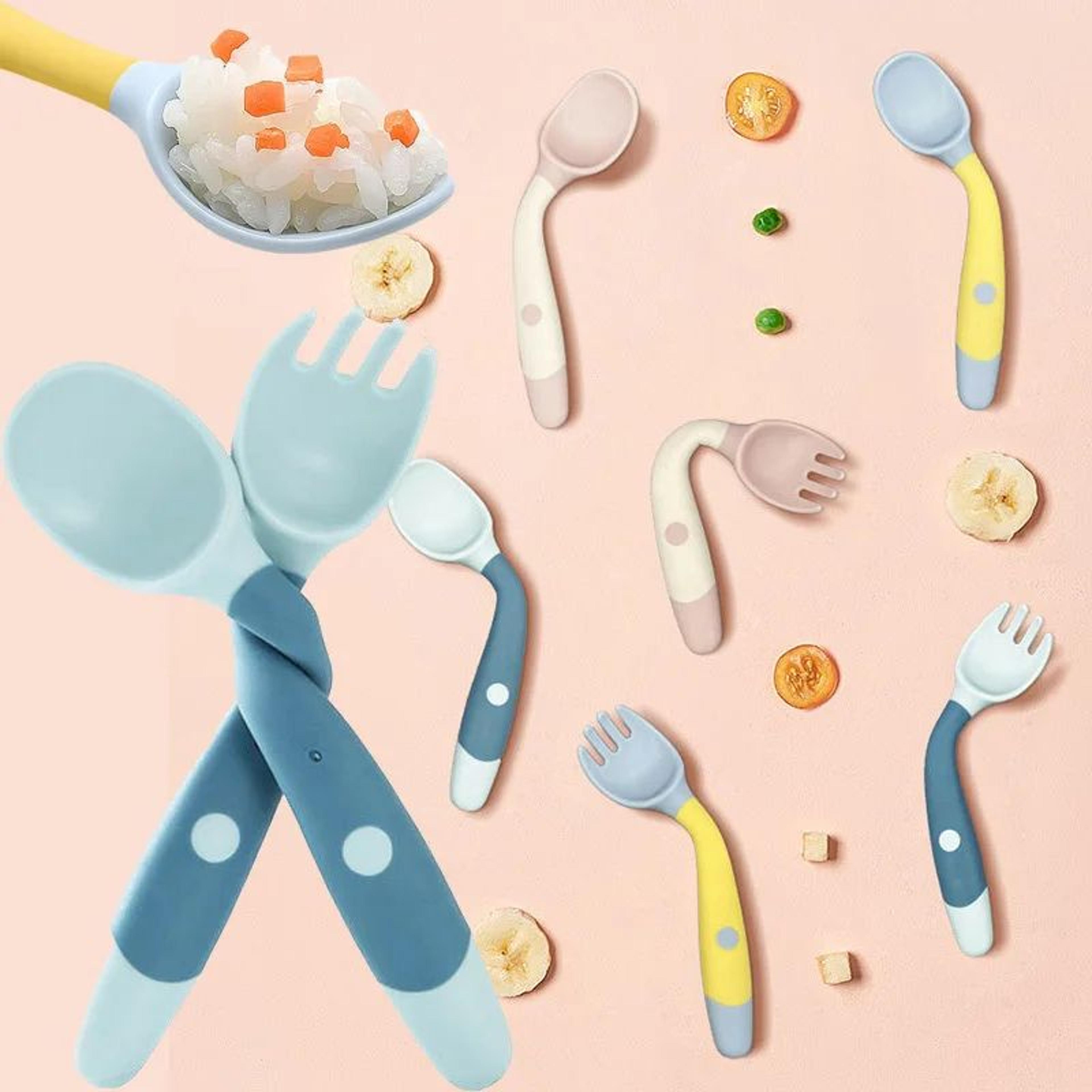 baby silicone spoon & fork set – soft bendable toddler training feeding utensils