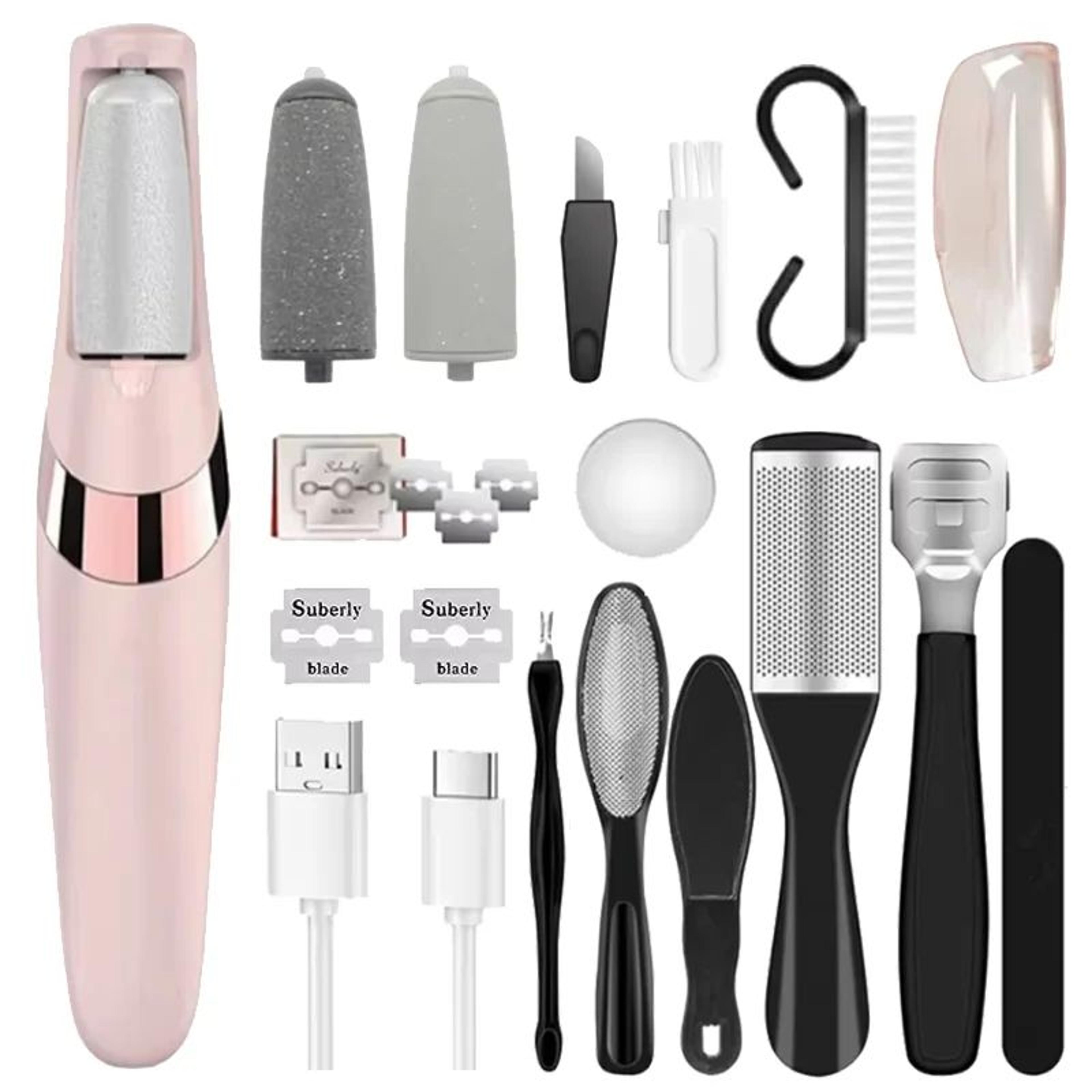electric callus remover for feet – rechargeable foot file kit w/ 10 replacement roller heads
