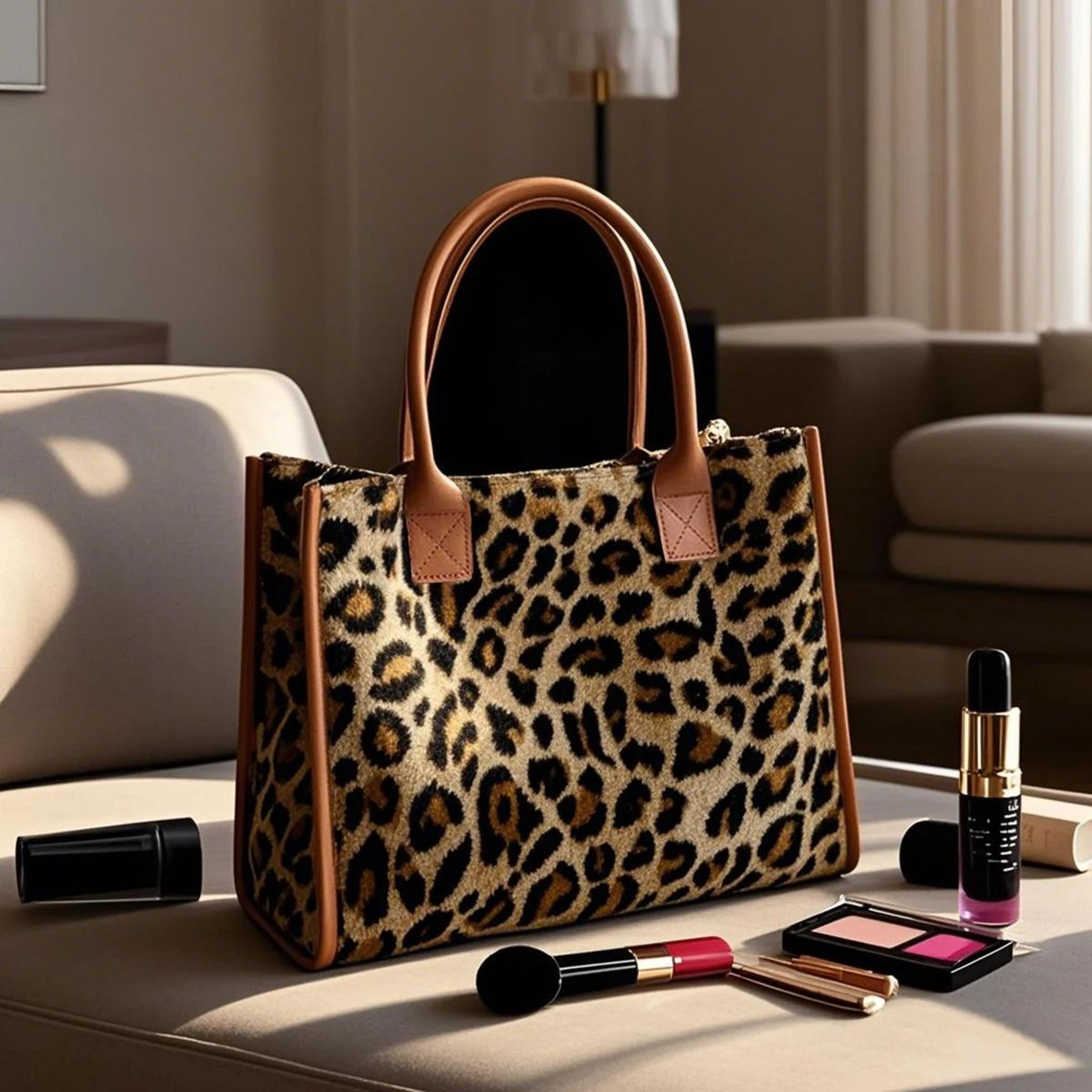 yellow leopard print plush tote bag for women – autumn winter fashion shoulder handbag, soft faux fur exquisite everyday