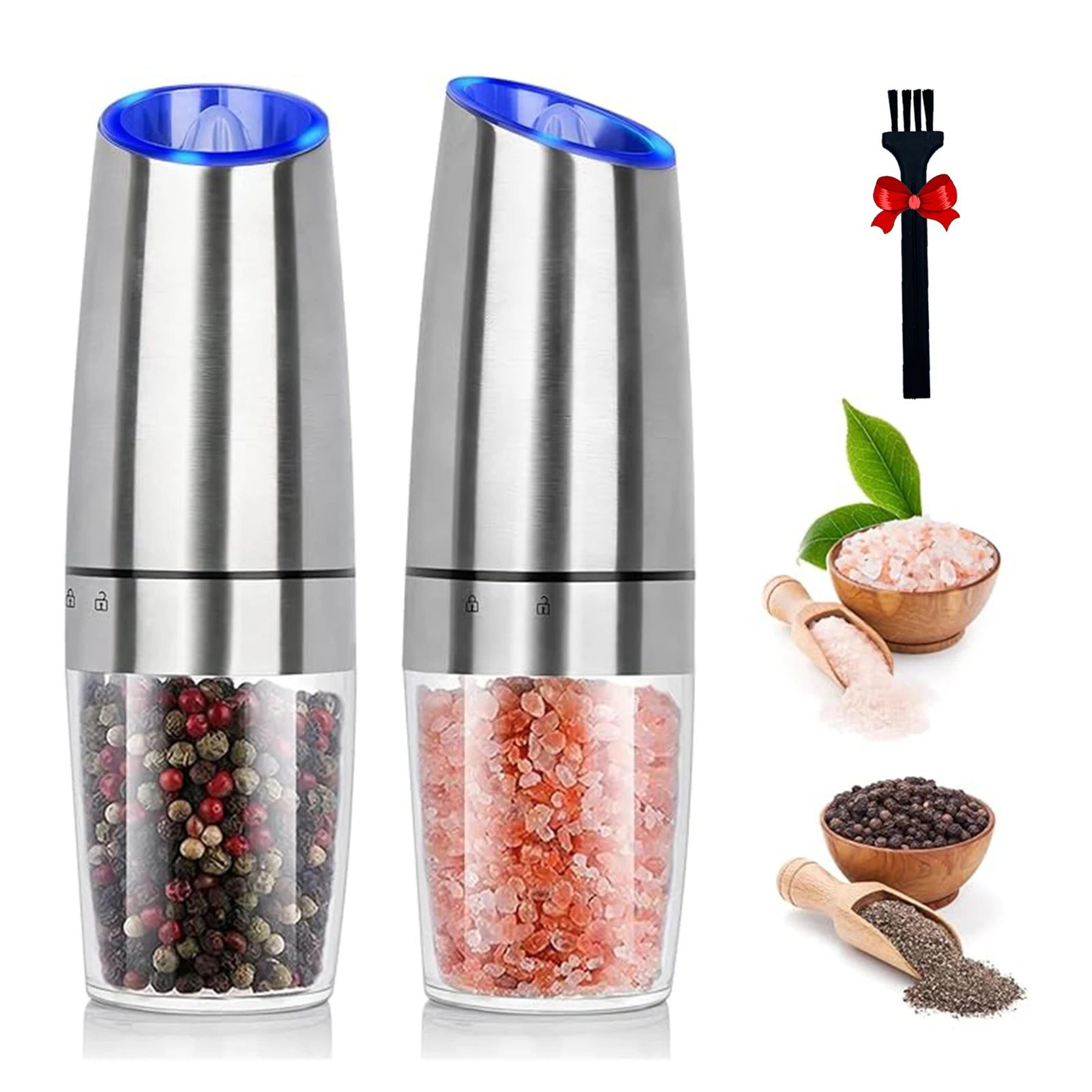 gravity electric salt & pepper grinder set with led light – one-hand automatic adjustable coarseness spice mill