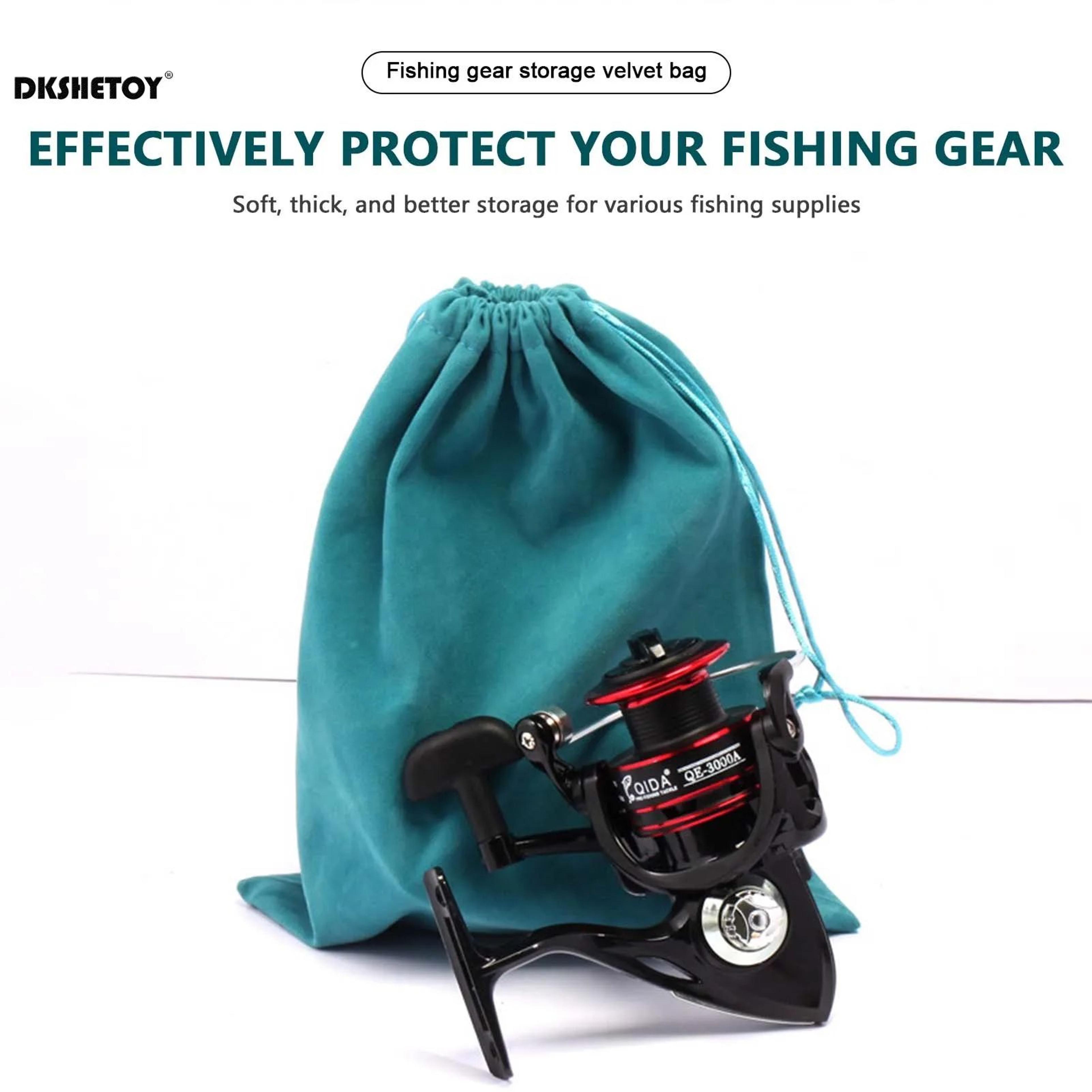 fishing tackle storage bag drawstring pouch, soft flocking organizer for lures, reels & outdoor camping gear storage