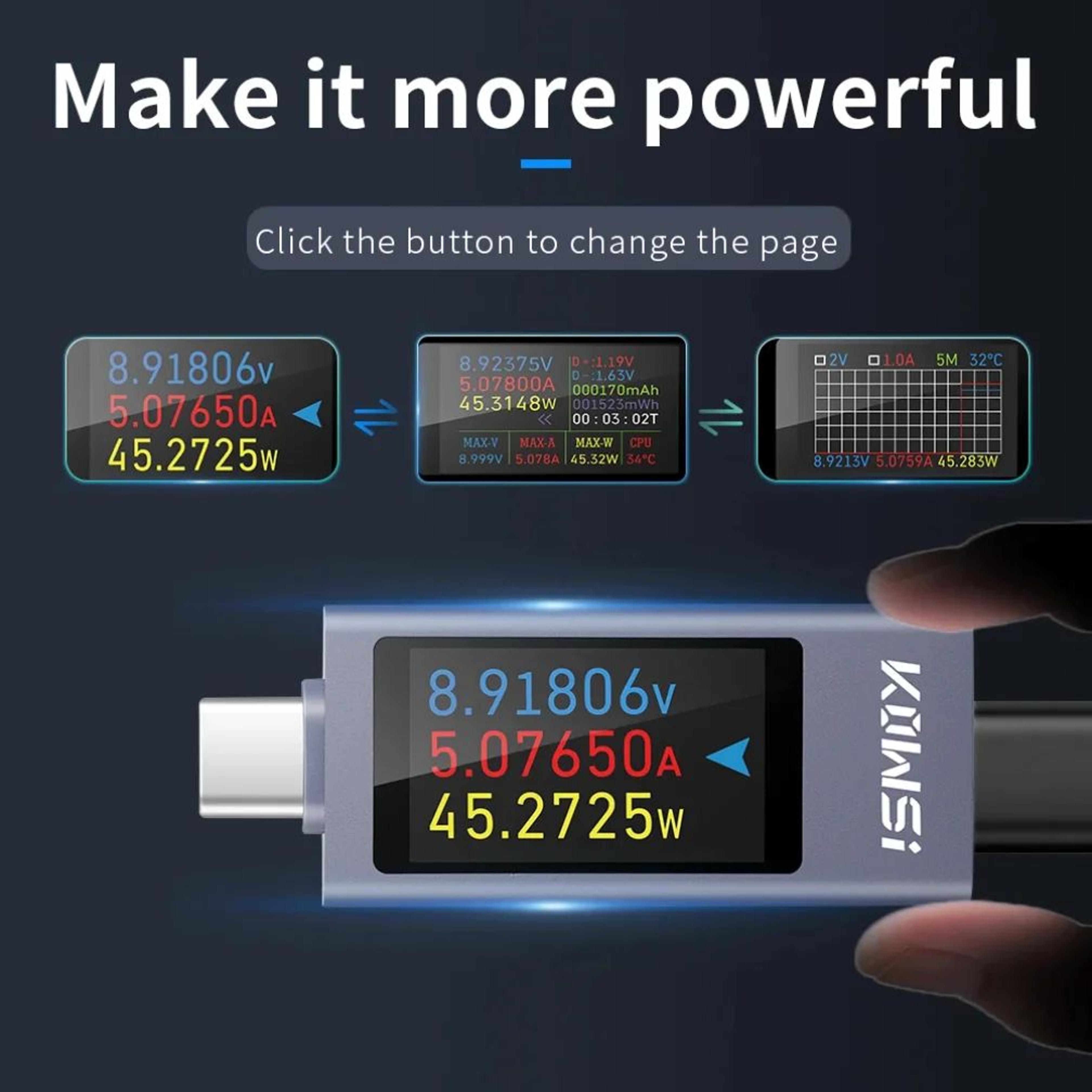 type-c digital power meter with color screen | usb voltage current tester, fast charging monitor, dc 4–30v 0–12a