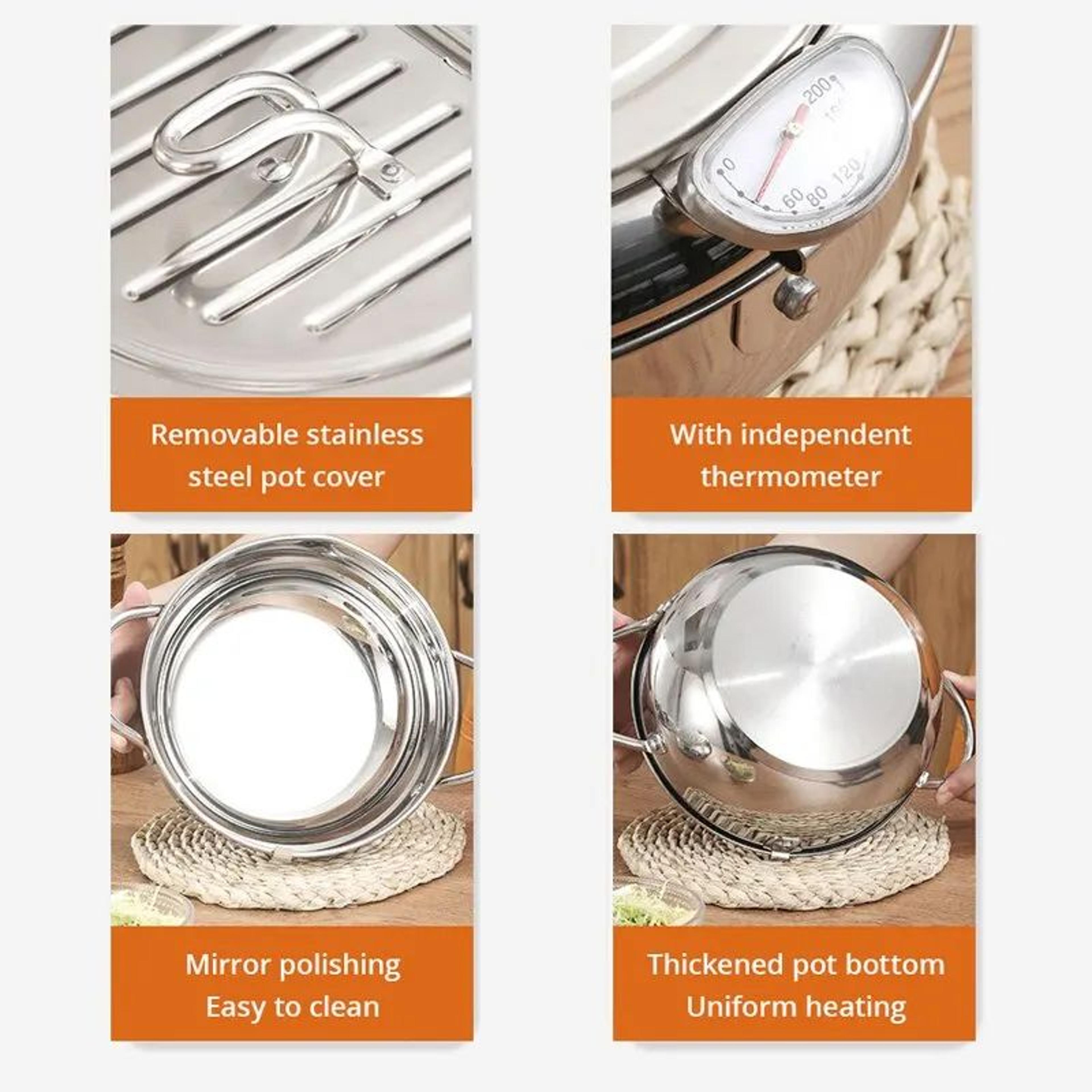 Stainless Steel Deep Frying Pan With Thermometer  Lid Small OilSaving Tempura Fryer Pot For French  4