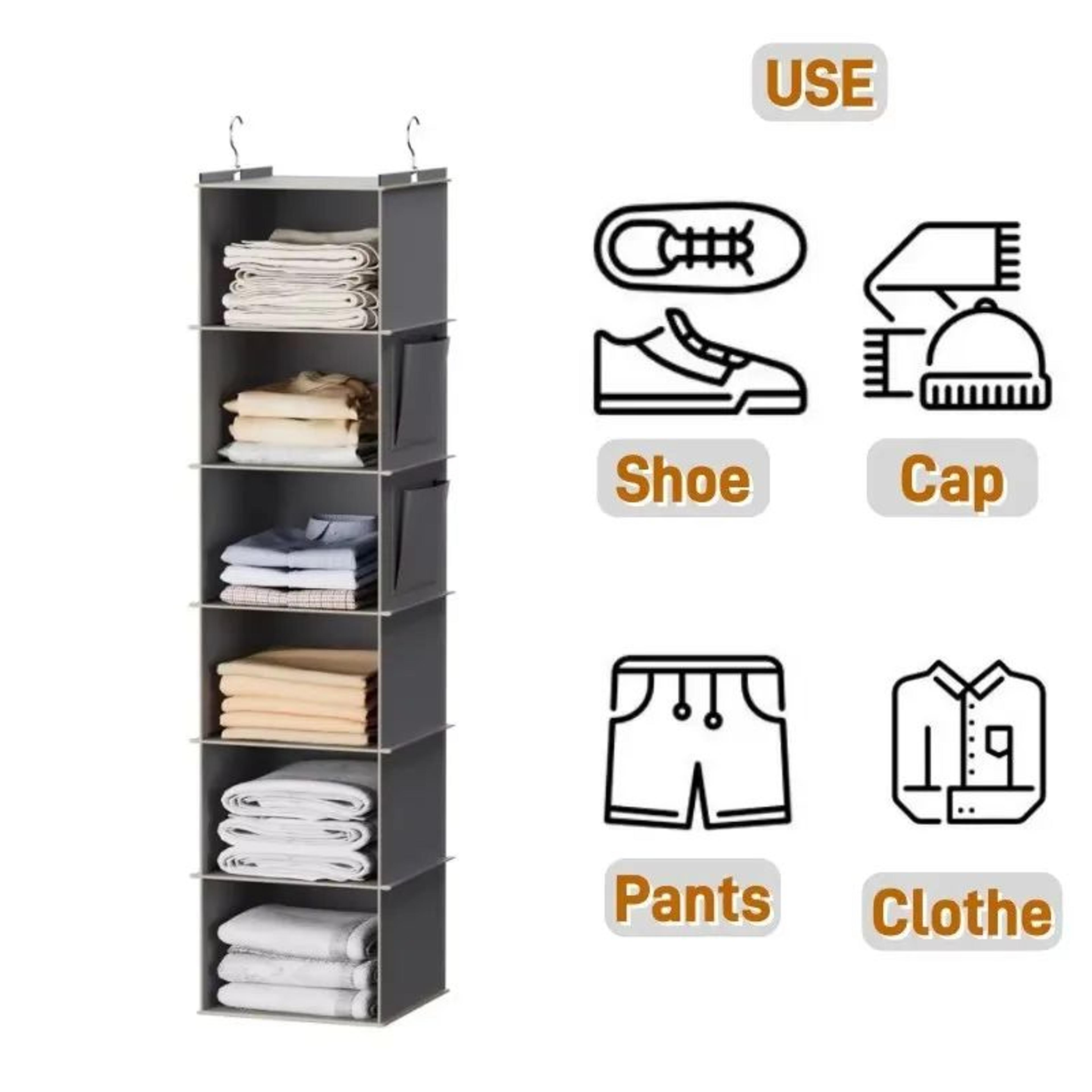 foldable 6-shelf hanging closet organizer storage with 2 hooks for shoes caps clothes pants space saving wardrobe