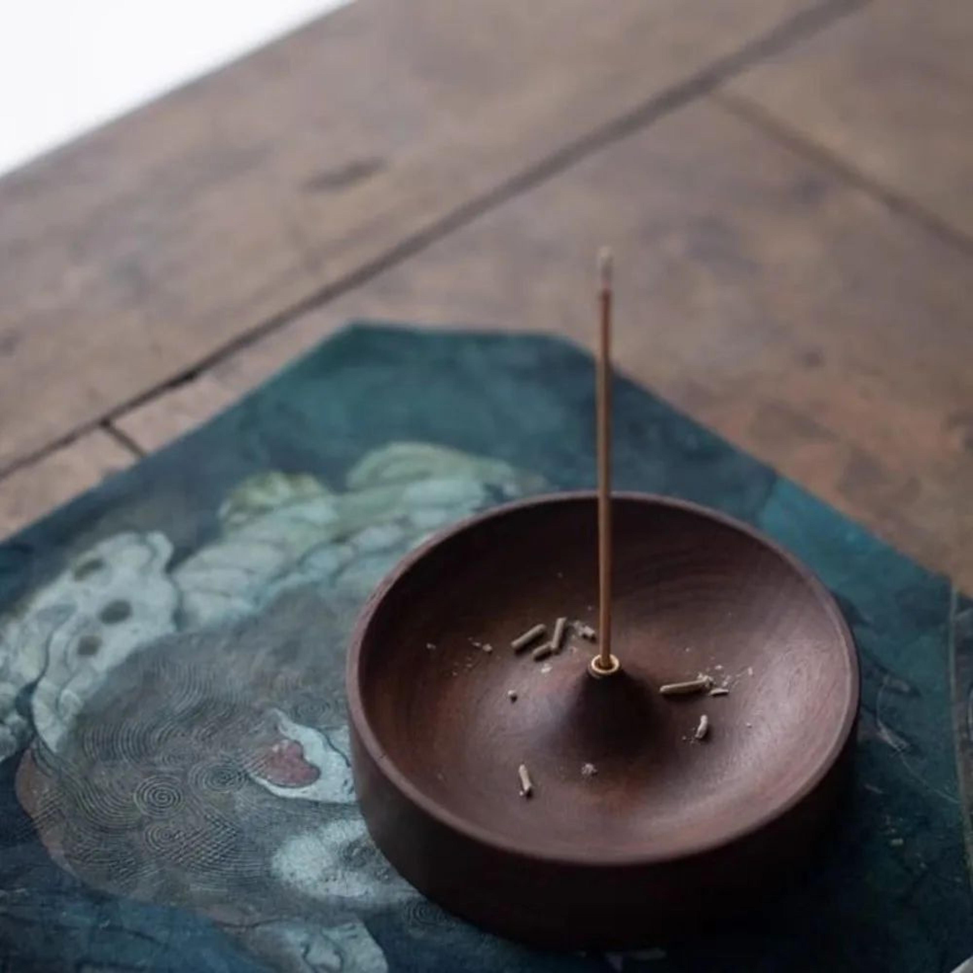 handmade black walnut incense burner tray, solid wood round holder for tea ceremony agarwood, zen home decor gift