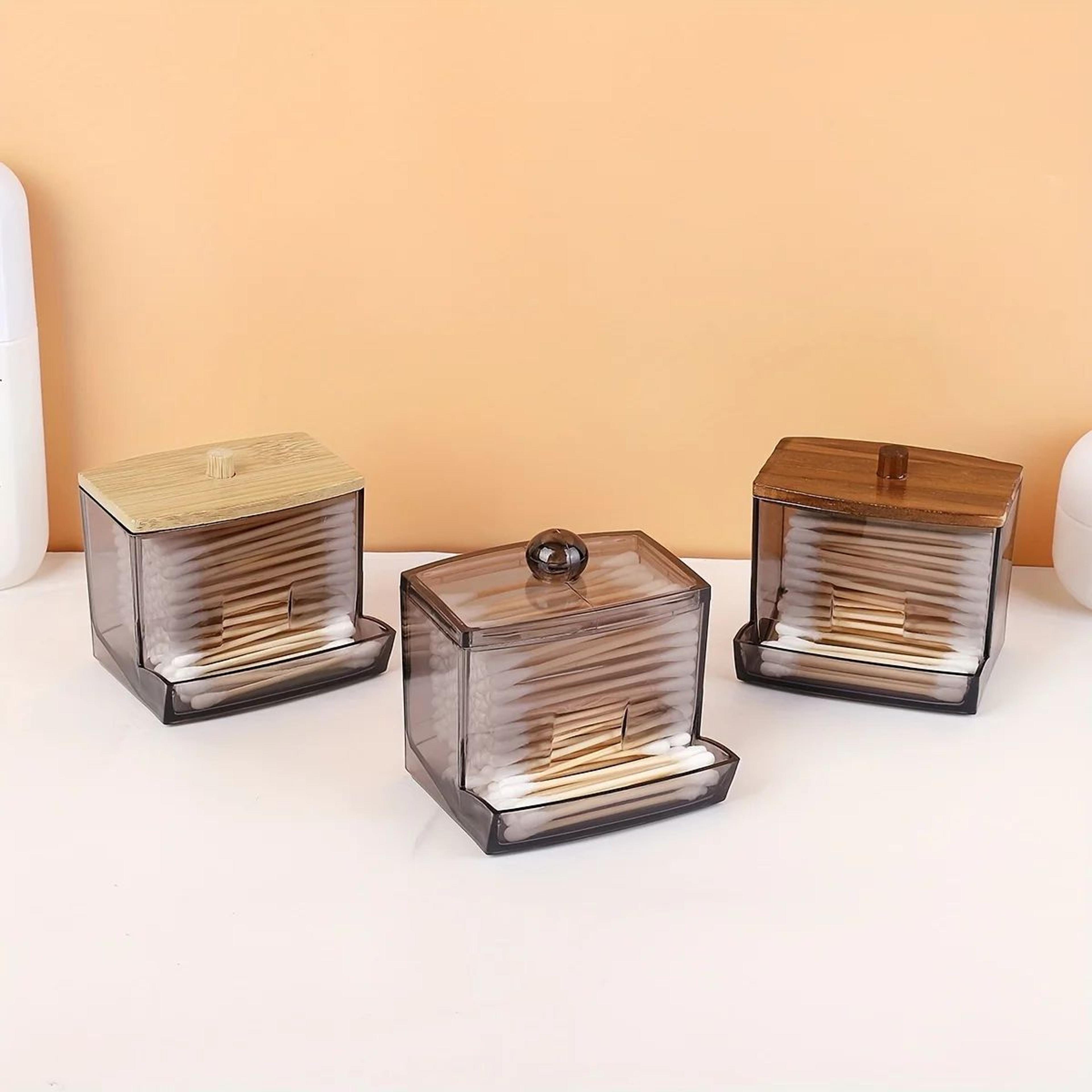 Clear Acrylic Cotton Swab Holder With Bamboo Lid  Bathroom QTip Dispenser Canister 1