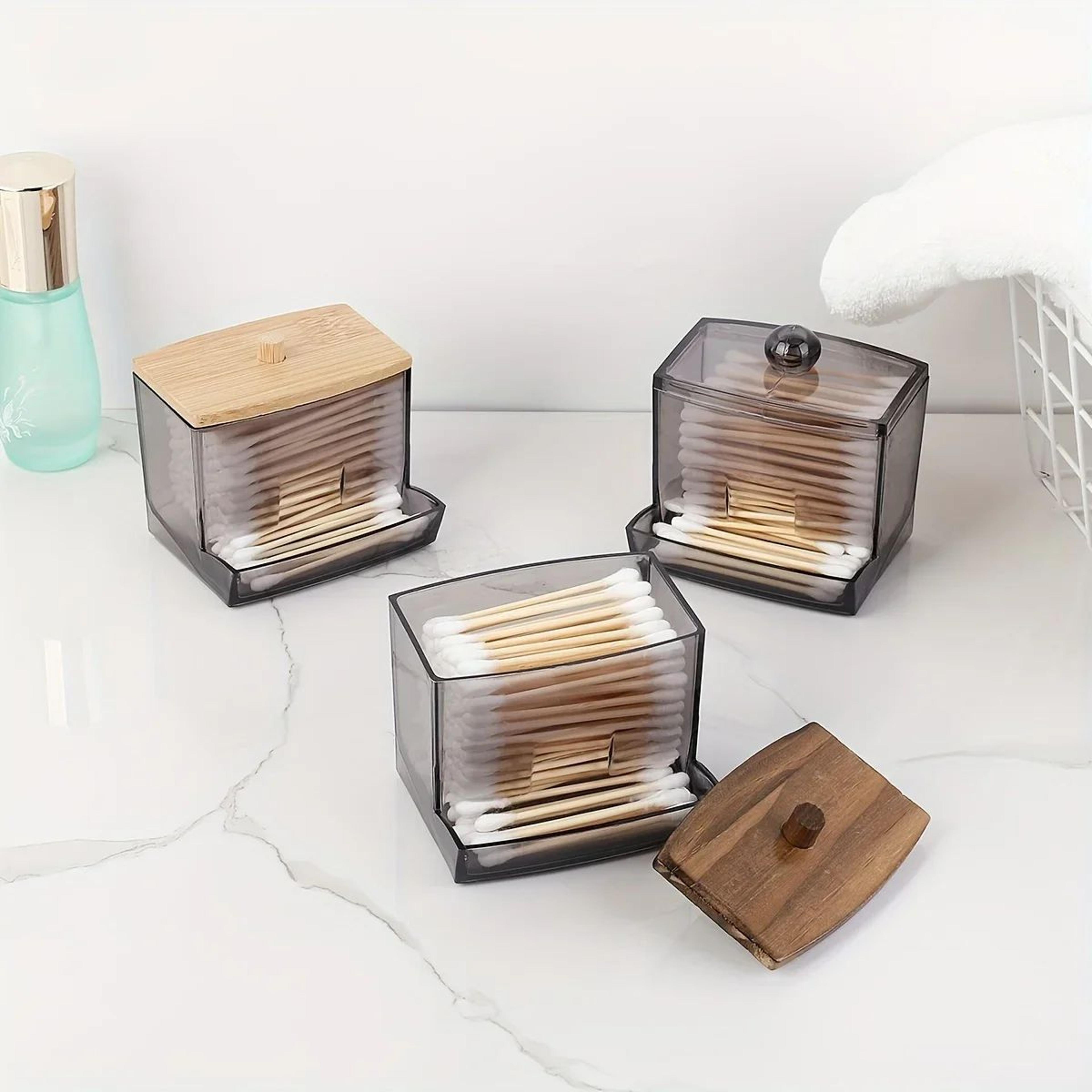 Clear Acrylic Cotton Swab Holder With Bamboo Lid  Bathroom QTip Dispenser Canister 2