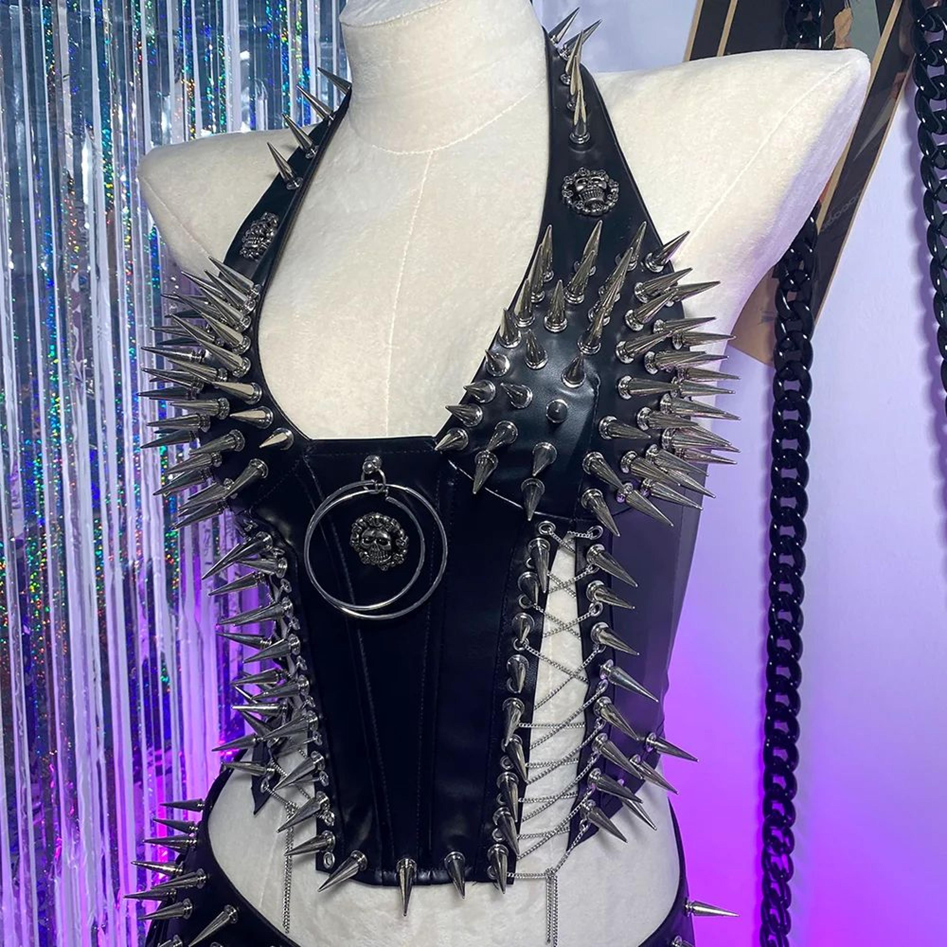 gothic pu leather spike tank top – rivet y2k cyber punk crop