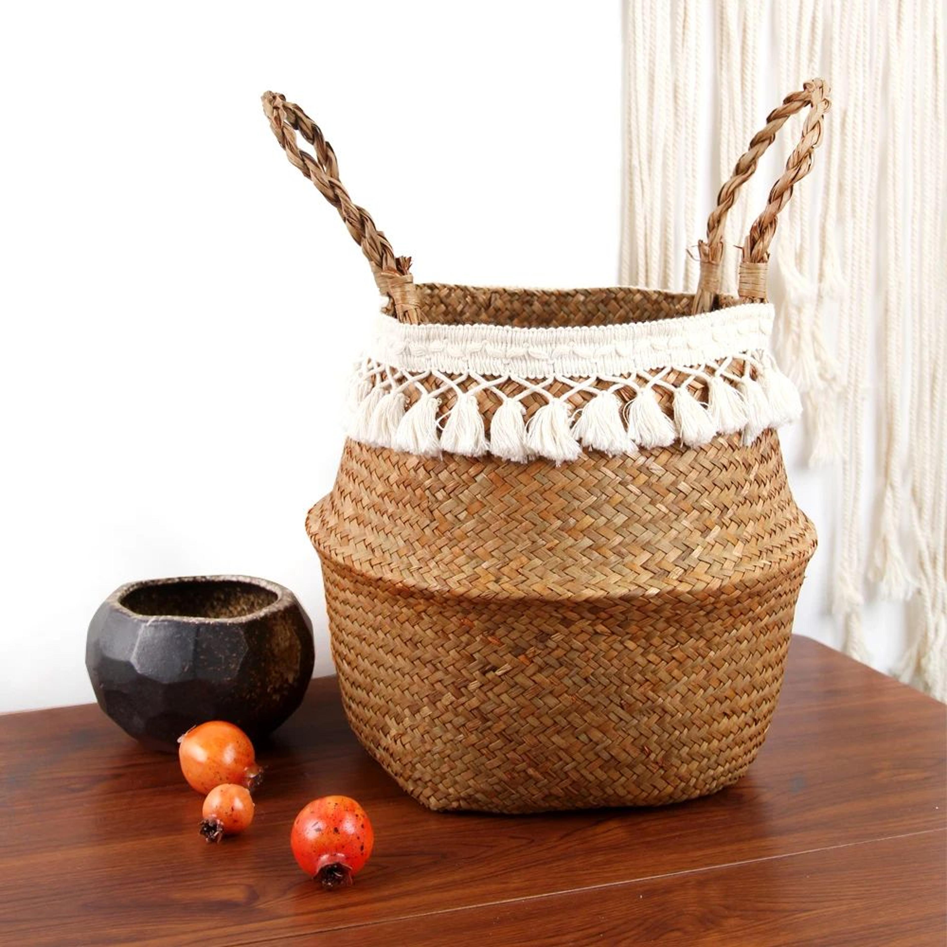macrame seagrass belly basket with tassels – woven storage basket for laundry, toys, plants & home decor