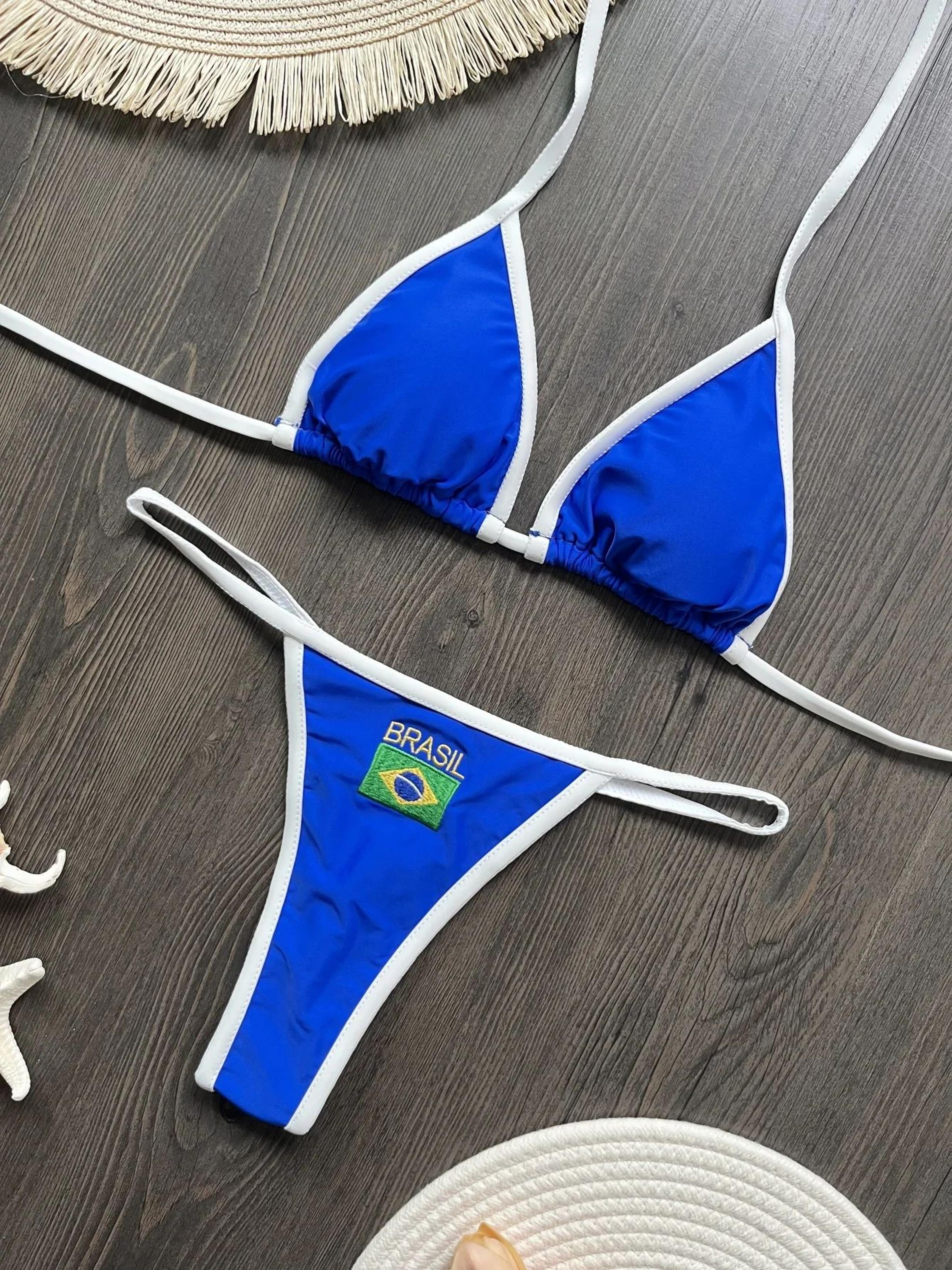 Embroidered Brazil Flag Bikini Set  Contrast Patchwork Low Waist Beach Swimsuit 4