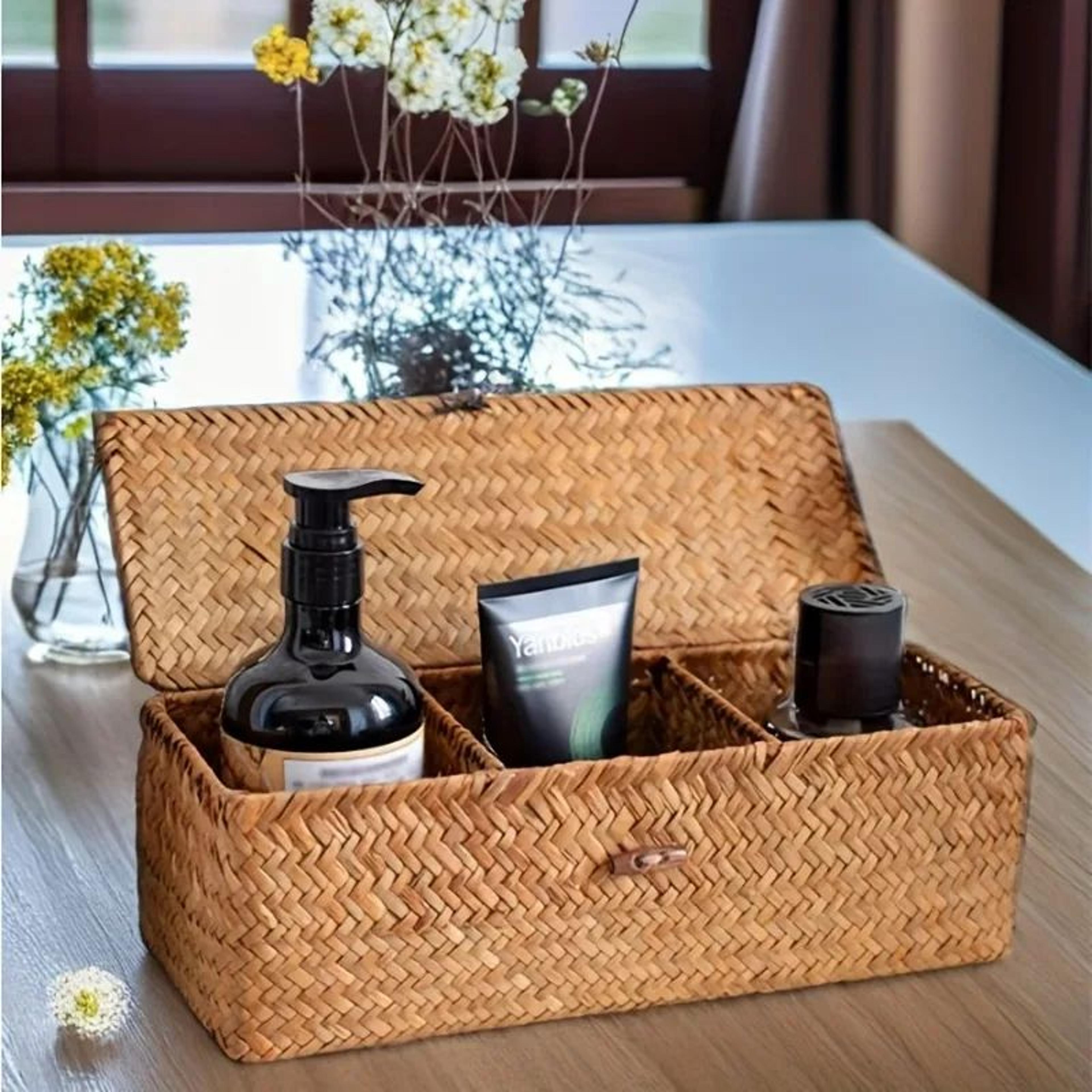Vintage Woven Partitioned Storage Box  Handcrafted Rectangular Shelf Organizer Basket For Home Orga 6