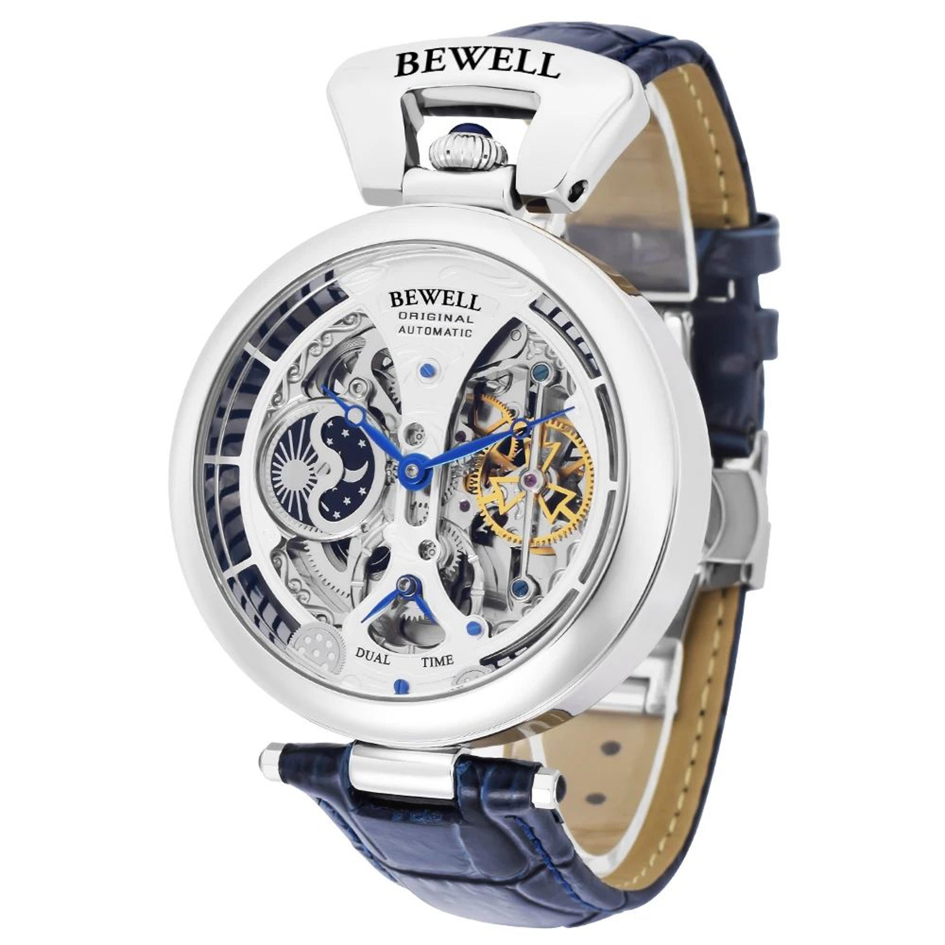 high-end automatic mechanical men's watch with skeleton dial & leather strap