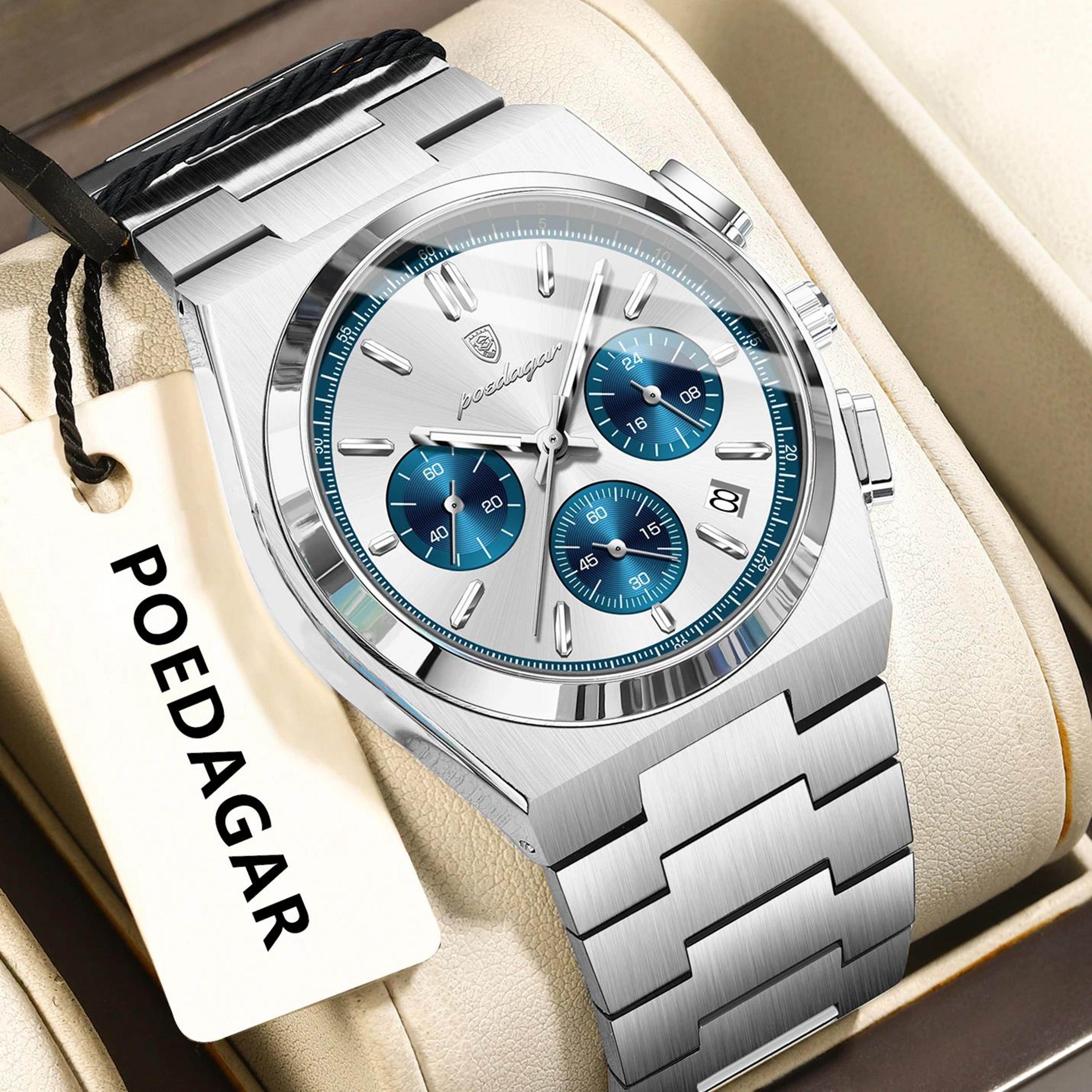 poedagar executive chronograph stainless steel men's quartz watch with luminous date