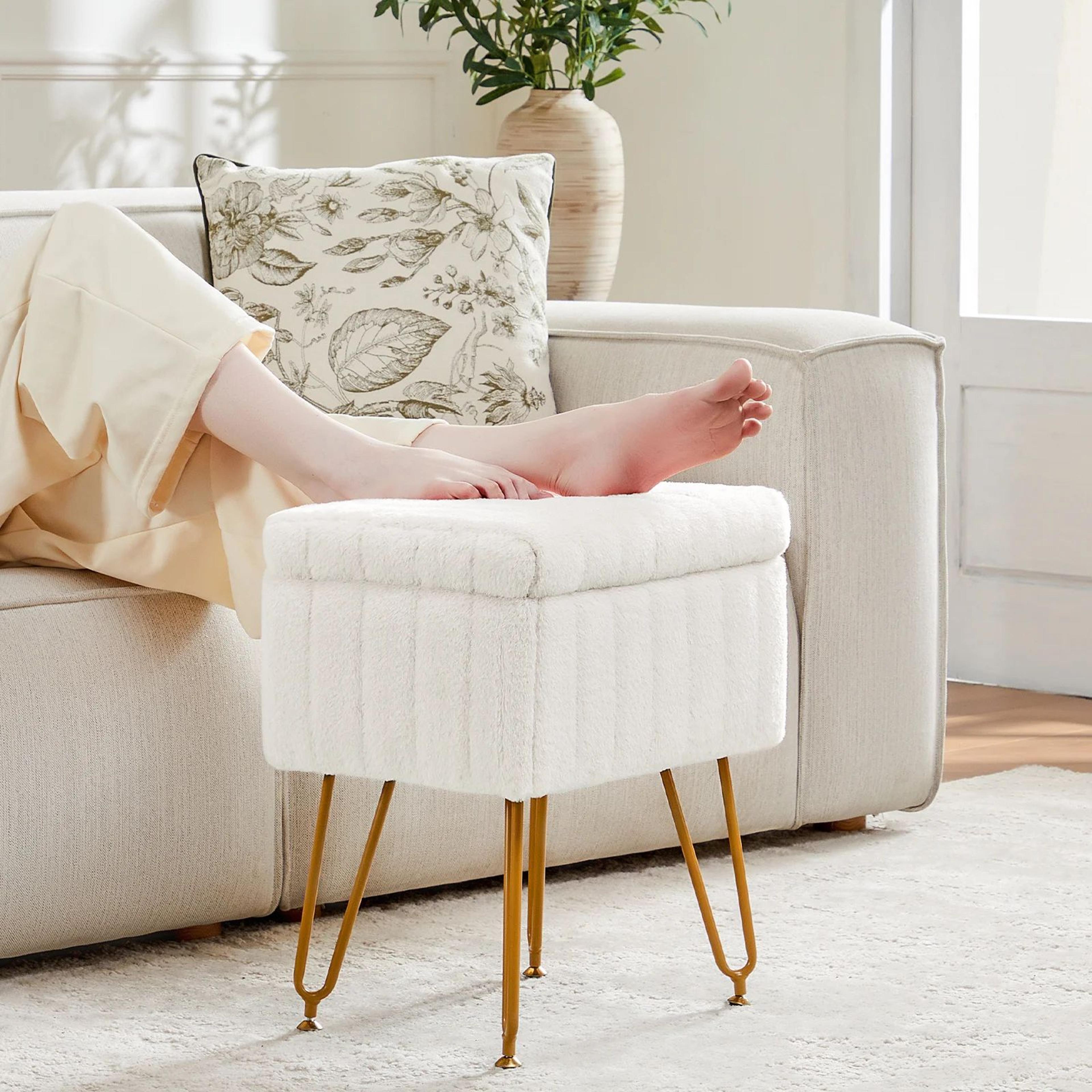jhk faux fur vanity storage stool with hidden compartment – plush makeup ottoman with gold metal legs